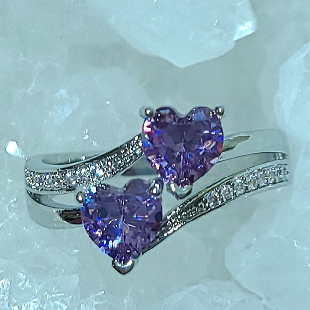 Double Amethyst Heart Silver Ladies Ring- Size 7