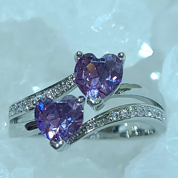 Double Amethyst Heart Silver Ladies Ring- Size 7