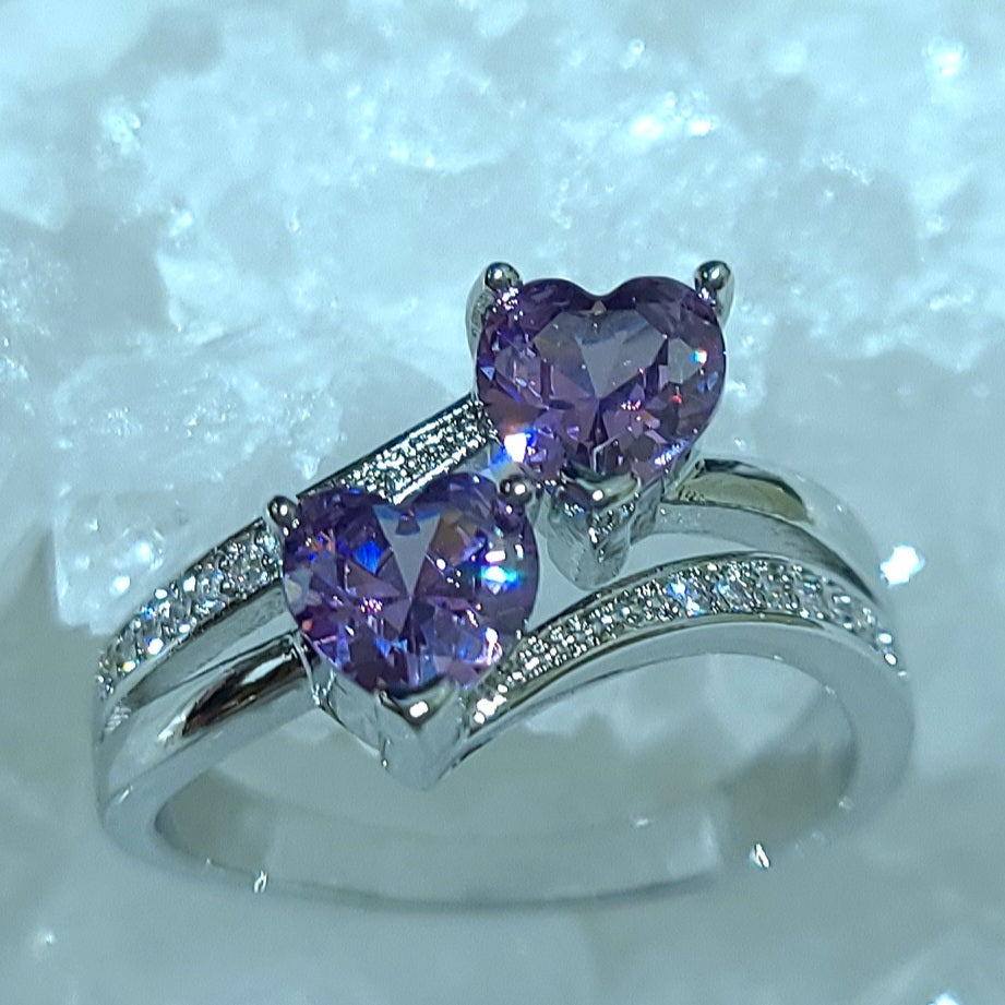 Double Amethyst Heart Silver Ladies Ring- Size 7