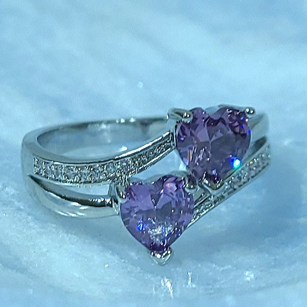 Double Amethyst Heart Silver Ladies Ring- Size 7