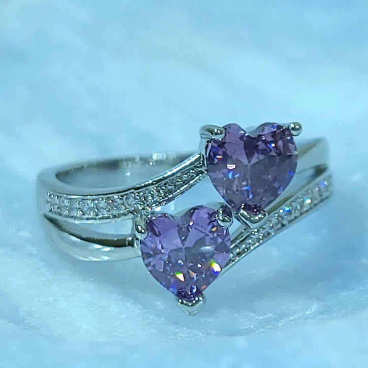 Double Amethyst Heart Silver Ladies Ring- Size 7