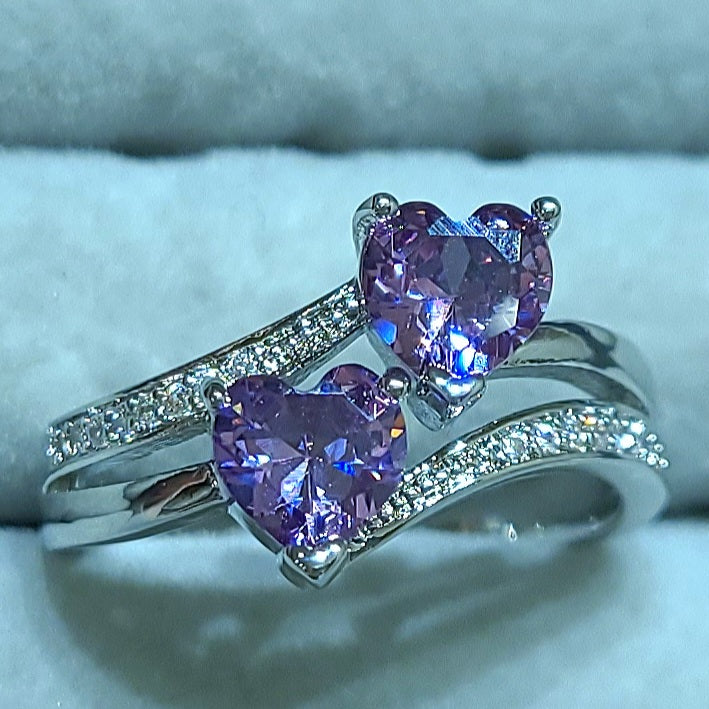 Double Amethyst Heart Silver Ladies Ring- Size 7