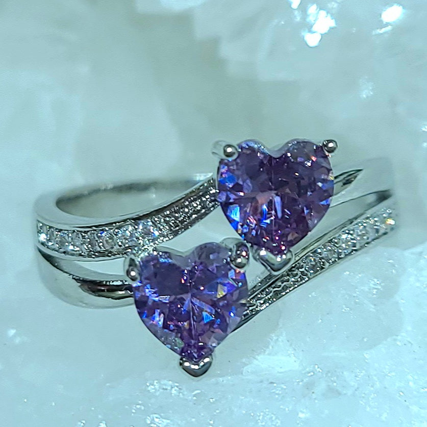 Double Amethyst Heart Silver Ladies Ring- Size 7