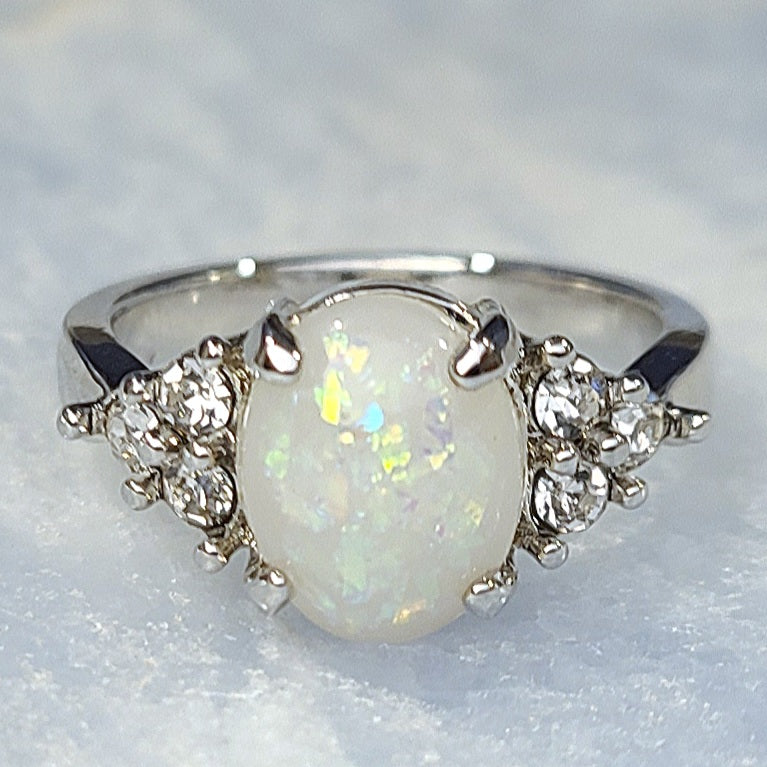 White Opal Oval Sapphire Sterling Silver Plated Ladies Ring- Sizes 7, 8, 9