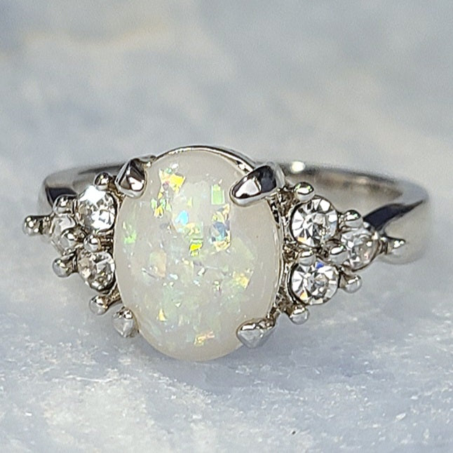 White Opal Oval Sapphire Sterling Silver Plated Ladies Ring- Sizes 7, 8, 9