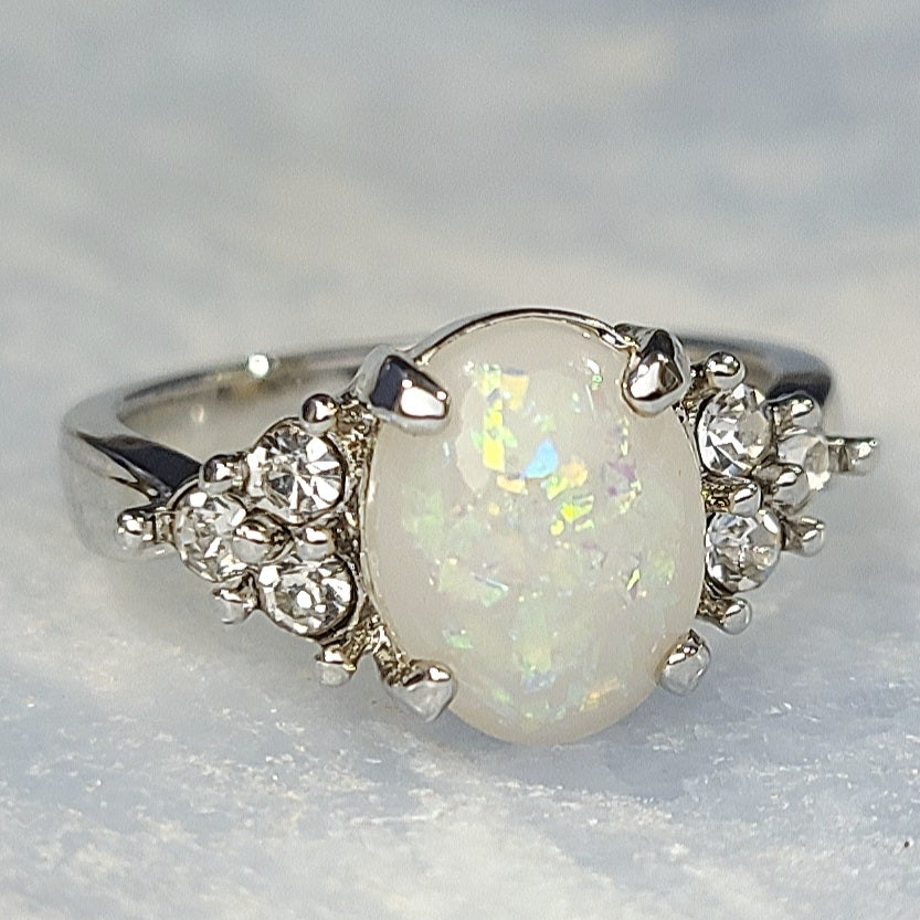 White Opal Oval Sapphire Sterling Silver Plated Ladies Ring- Sizes 7, 8, 9