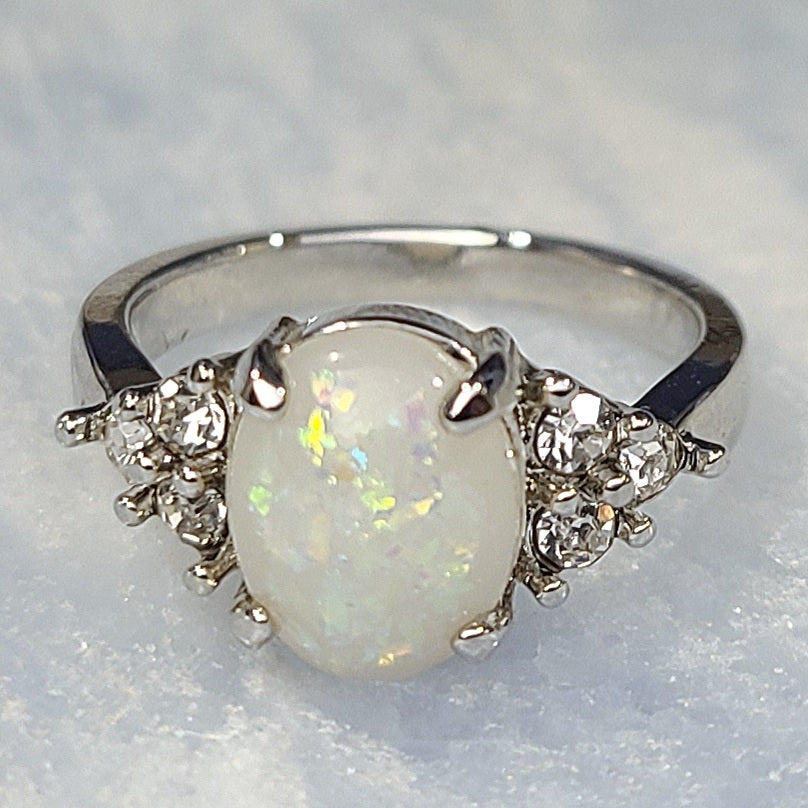 White Opal Oval Sapphire Sterling Silver Plated Ladies Ring- Sizes 7, 8, 9