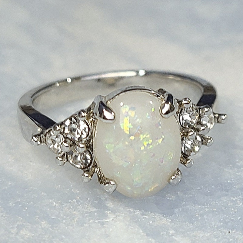 White Opal Oval Sapphire Sterling Silver Plated Ladies Ring- Sizes 7, 8, 9