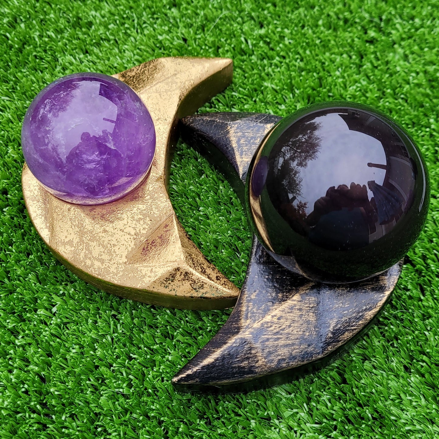 Wood Moon Shaped Sphere Display Stand, in Black and Bronze or Gold, for Crystal Balls or Eggs 2" to 3.5" (50mm to 90mm)