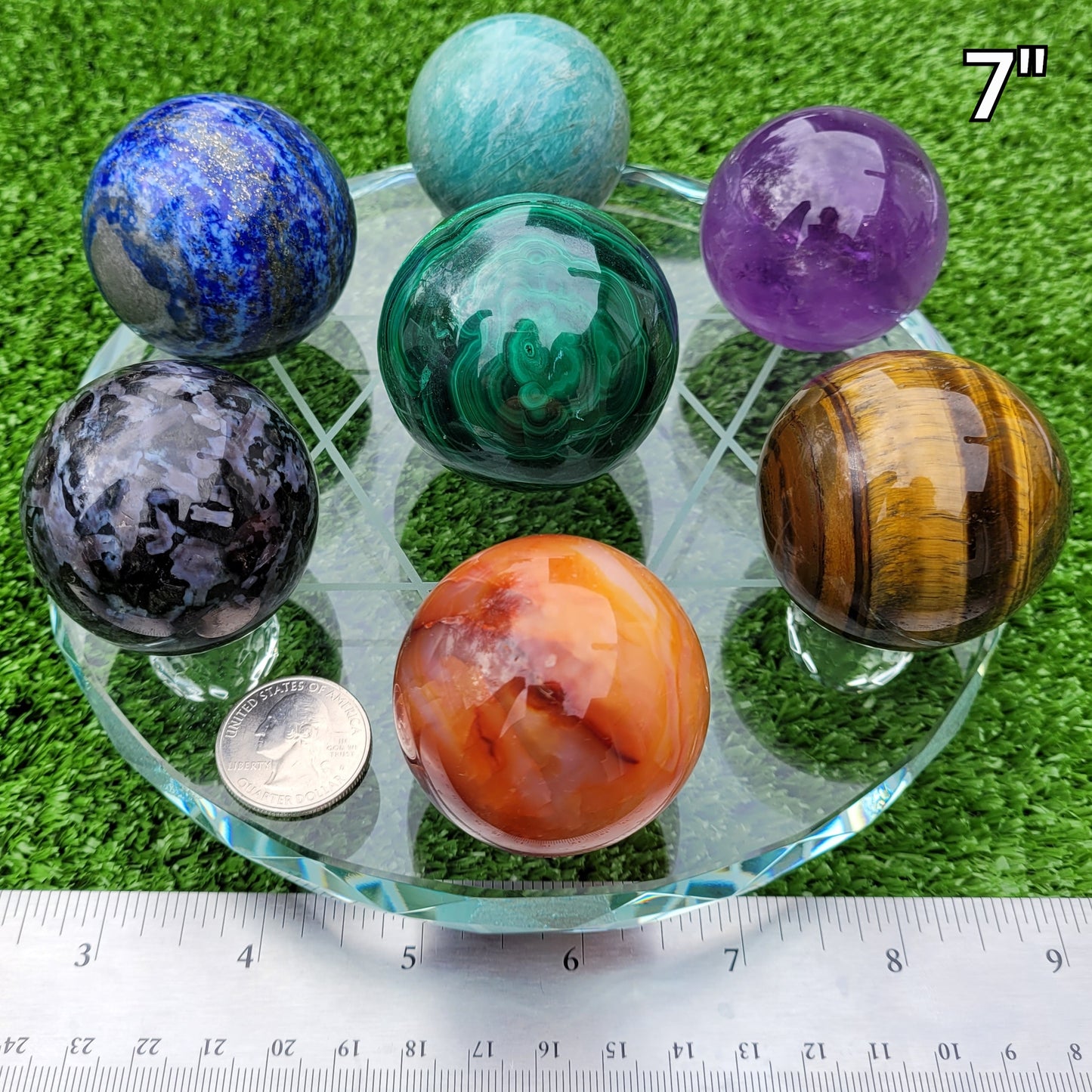 Solid Etched Beveled Glass Sphere Display Plate Stand for 7 Crystal Balls or Eggs 1" to 3" (25mm to 77mm)