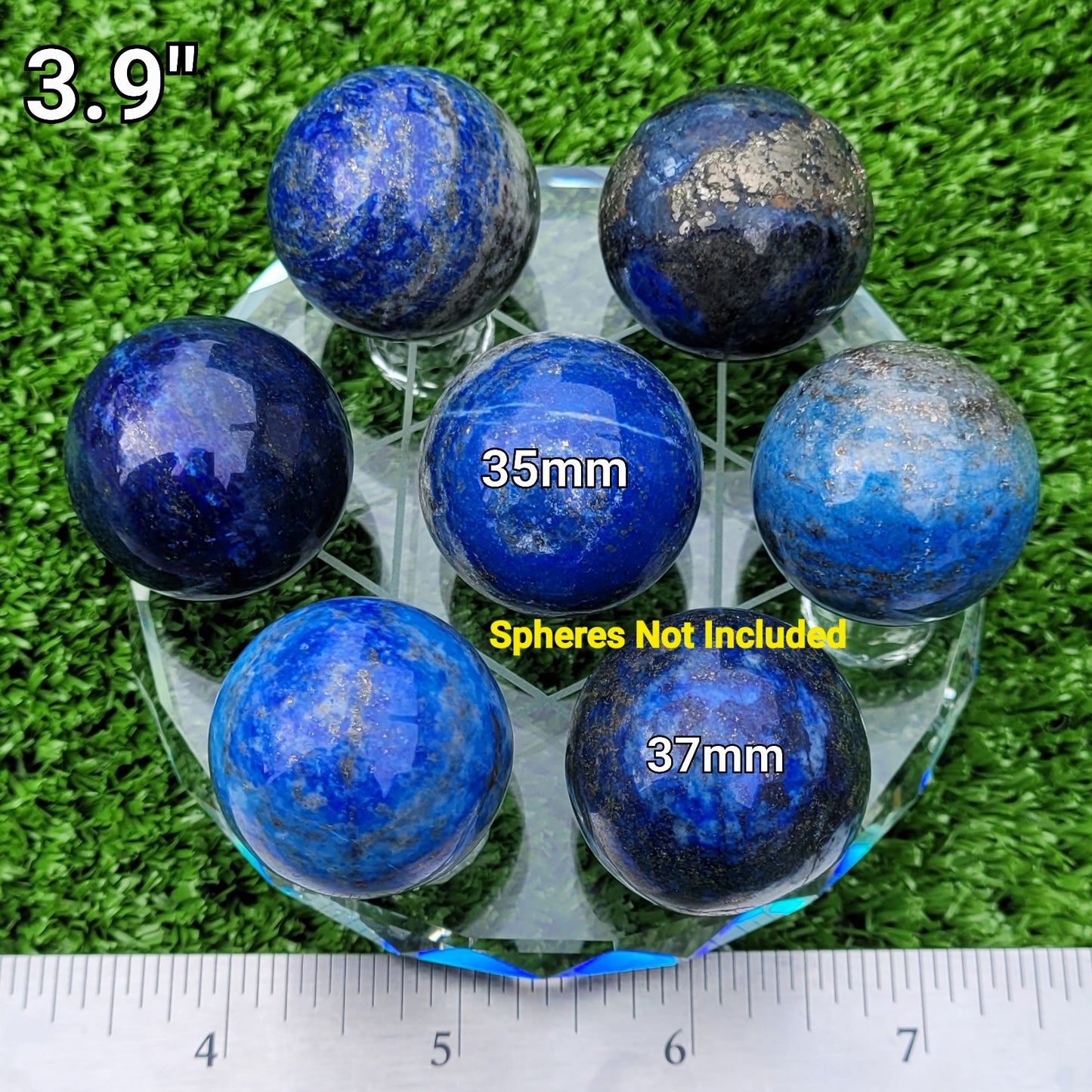 Solid Etched Beveled Glass Sphere Display Plate Stand for 7 Crystal Balls or Eggs 1" to 3" (25mm to 77mm)