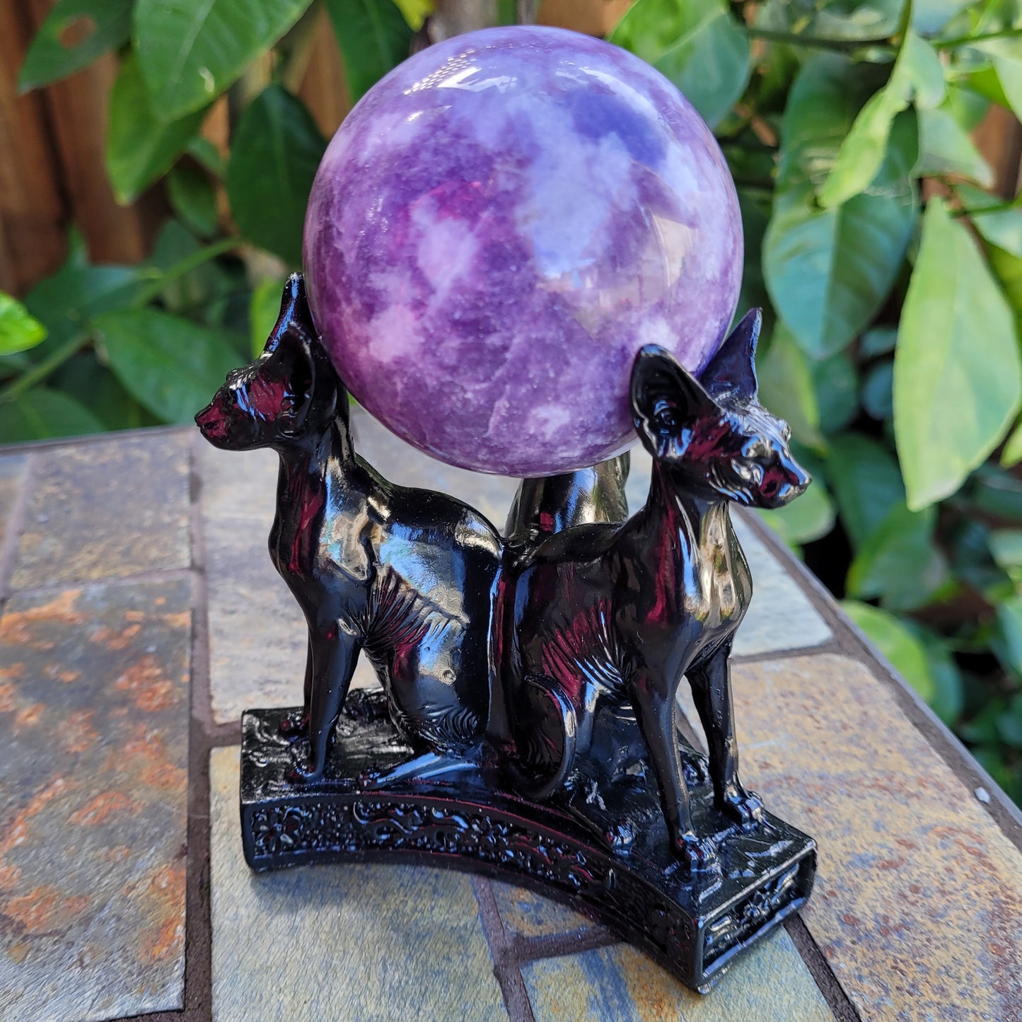 Egyptian Cat Sphere Display Stand in Purple or Black for Crystal Balls or Eggs 2" to 5" (51mm to 126mm)