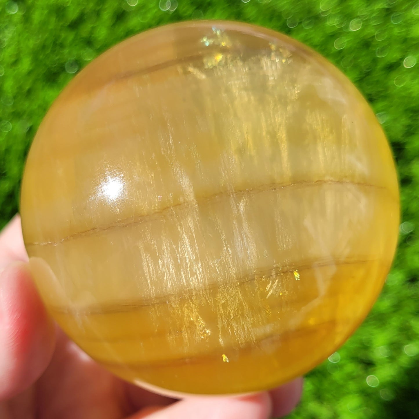 Yellow Banded Fluorite Crystal Sphere, 782g, 3.1", 78mm