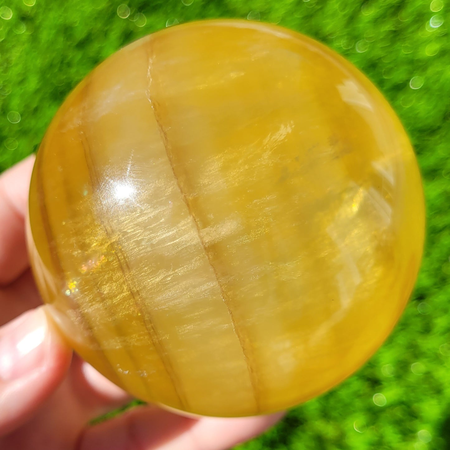 Yellow Banded Fluorite Crystal Sphere, 782g, 3.1", 78mm