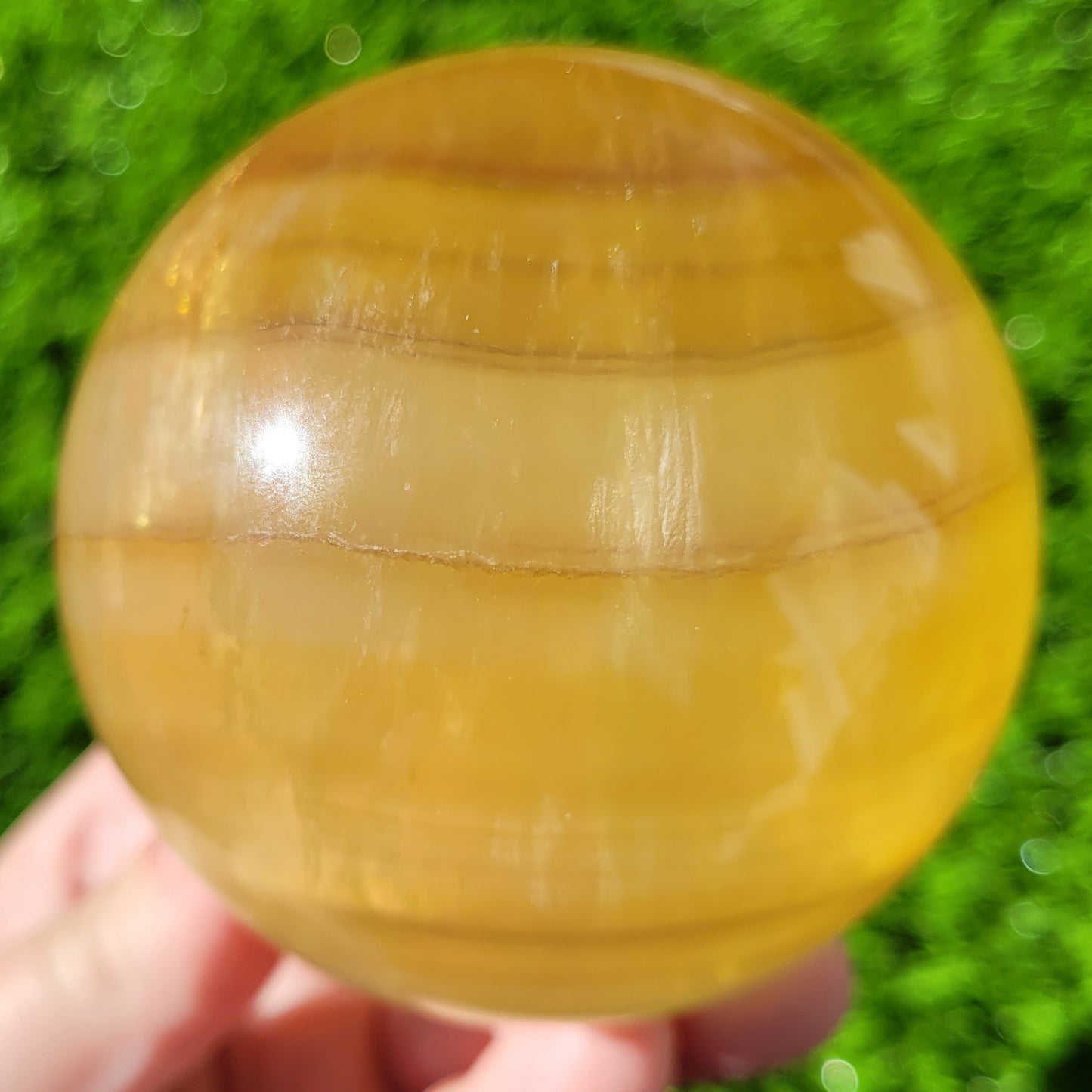 Yellow Banded Fluorite Crystal Sphere, 782g, 3.1", 78mm