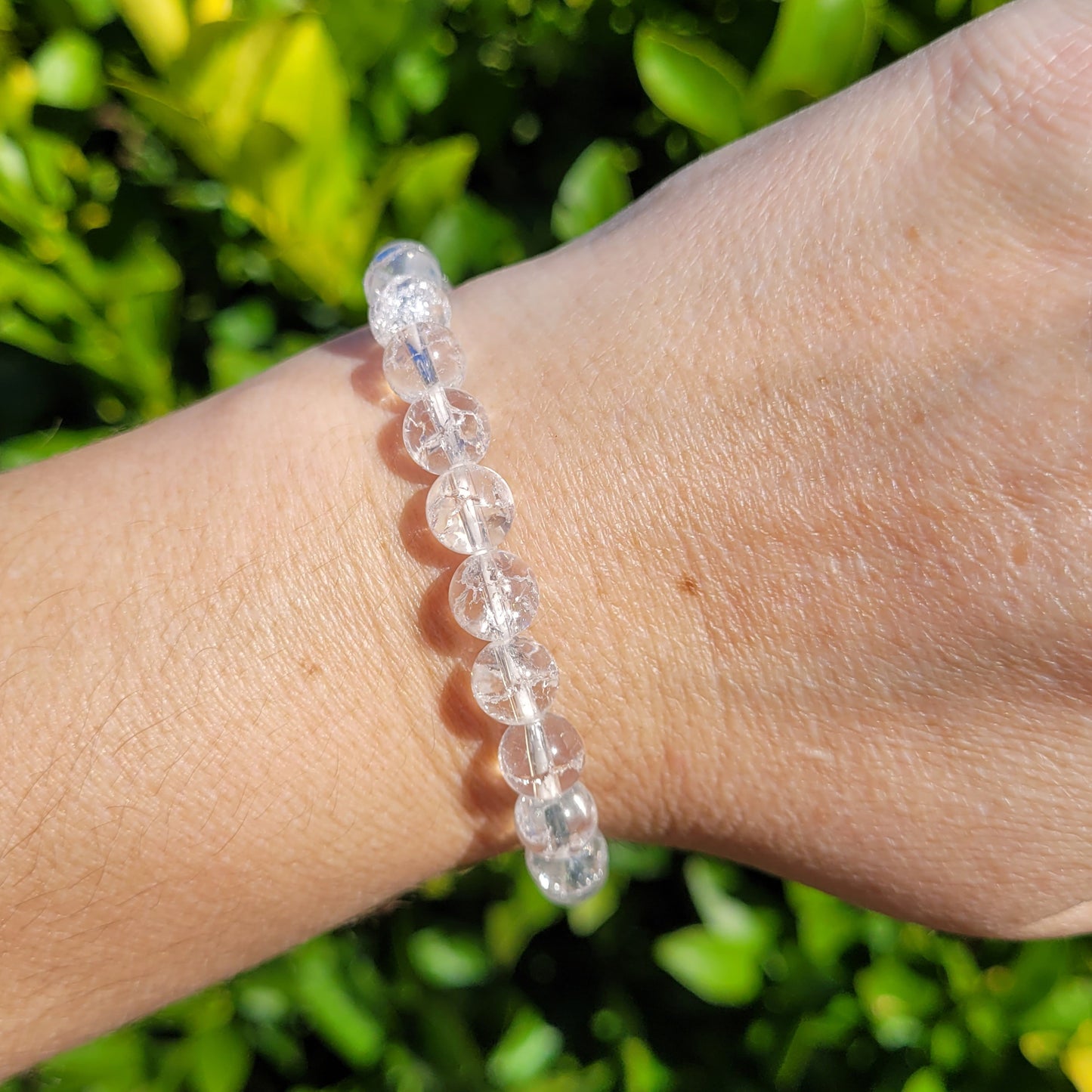 Clear Crackle Quartz Crystal Round Crystal Beaded Stretch Bracelet, 8mm