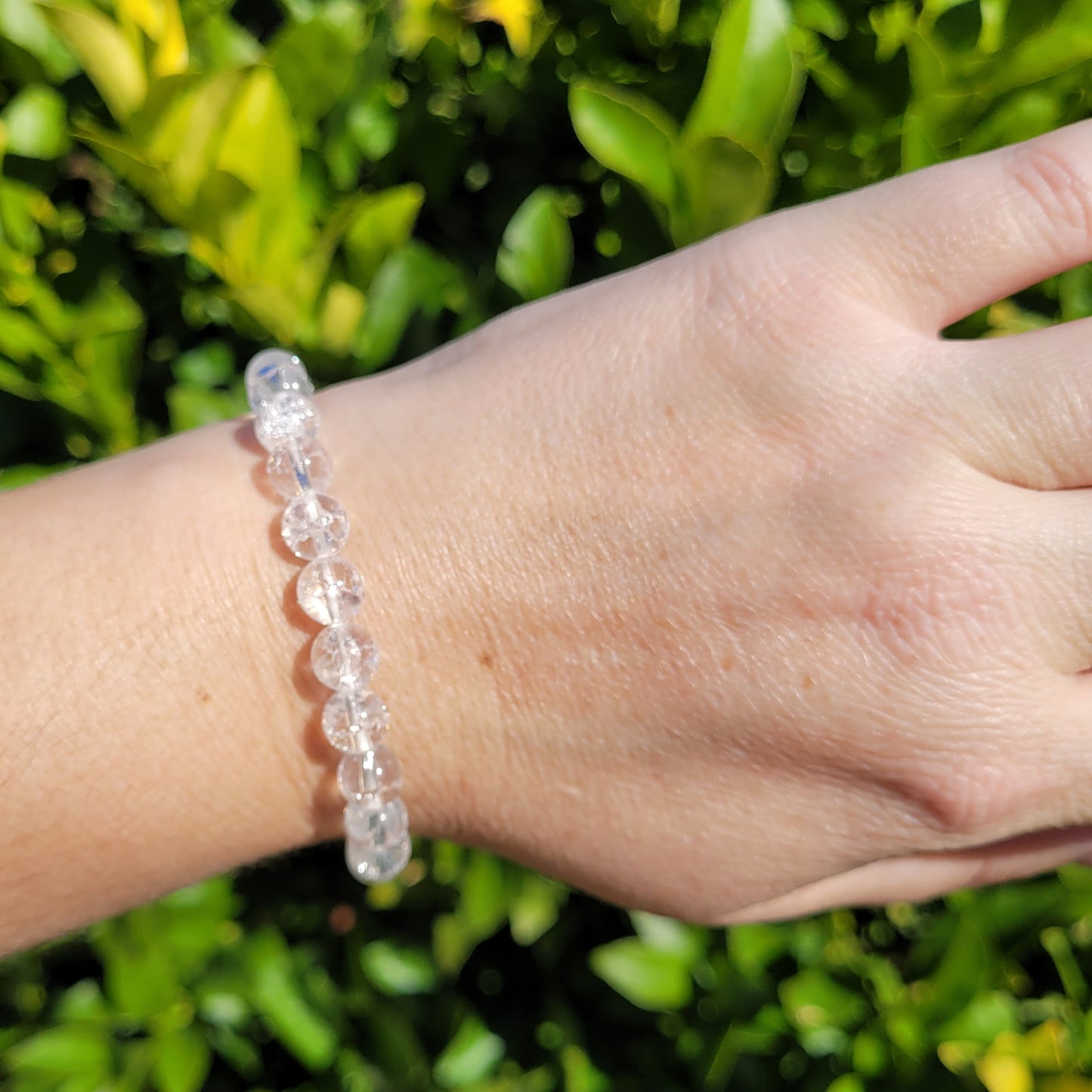 Clear Crackle Quartz Crystal Round Crystal Beaded Stretch Bracelet, 8mm