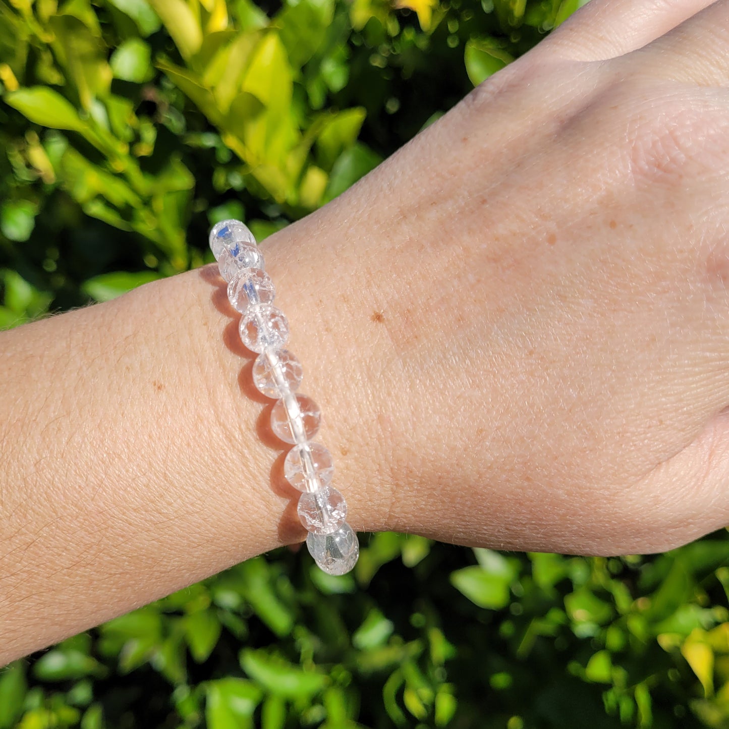 Clear Crackle Quartz Crystal Round Crystal Beaded Stretch Bracelet, 8mm