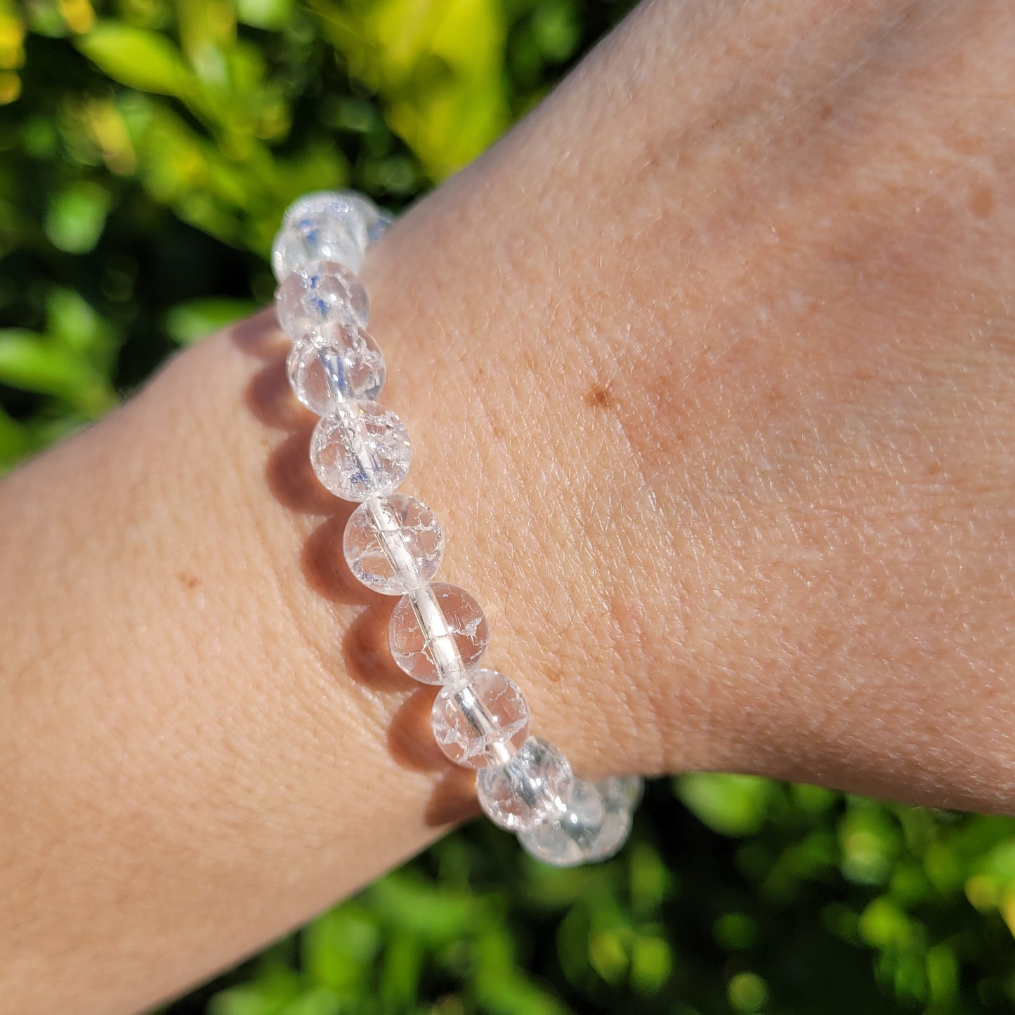 Clear Crackle Quartz Crystal Round Crystal Beaded Stretch Bracelet, 8mm