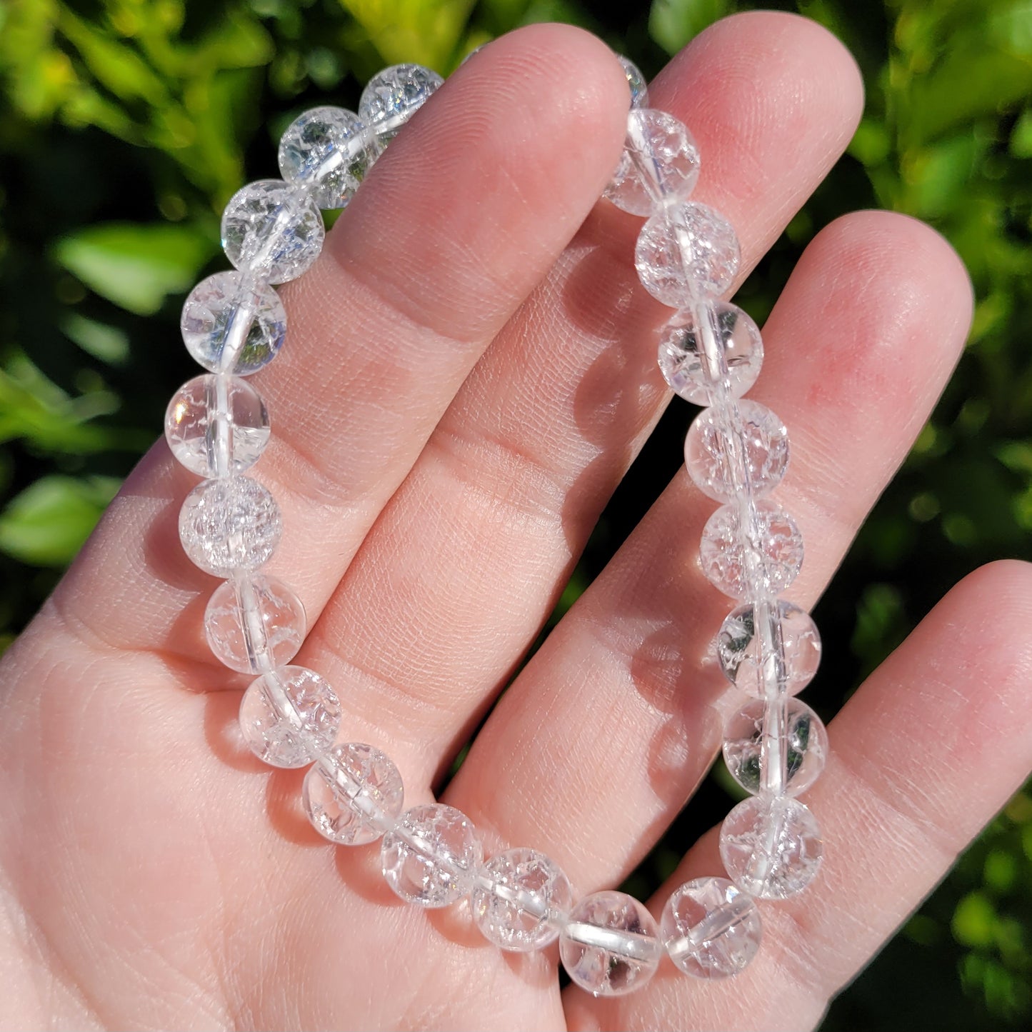 Clear Crackle Quartz Crystal Round Crystal Beaded Stretch Bracelet, 8mm