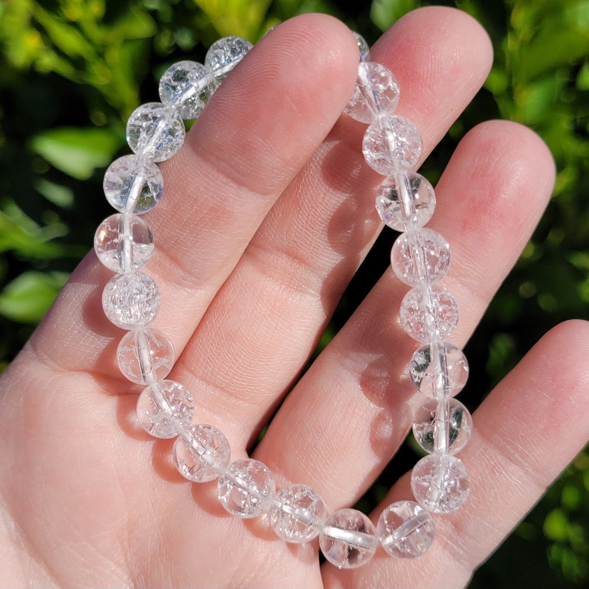 Clear Crackle Quartz Crystal Round Crystal Beaded Stretch Bracelet, 8mm