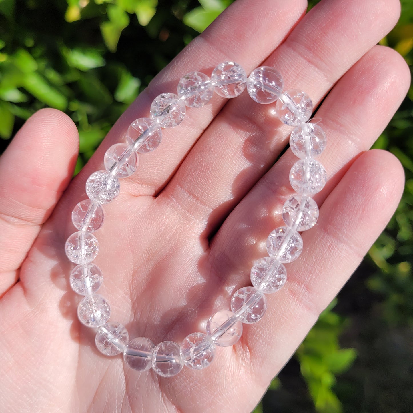 Clear Crackle Quartz Crystal Round Crystal Beaded Stretch Bracelet, 8mm