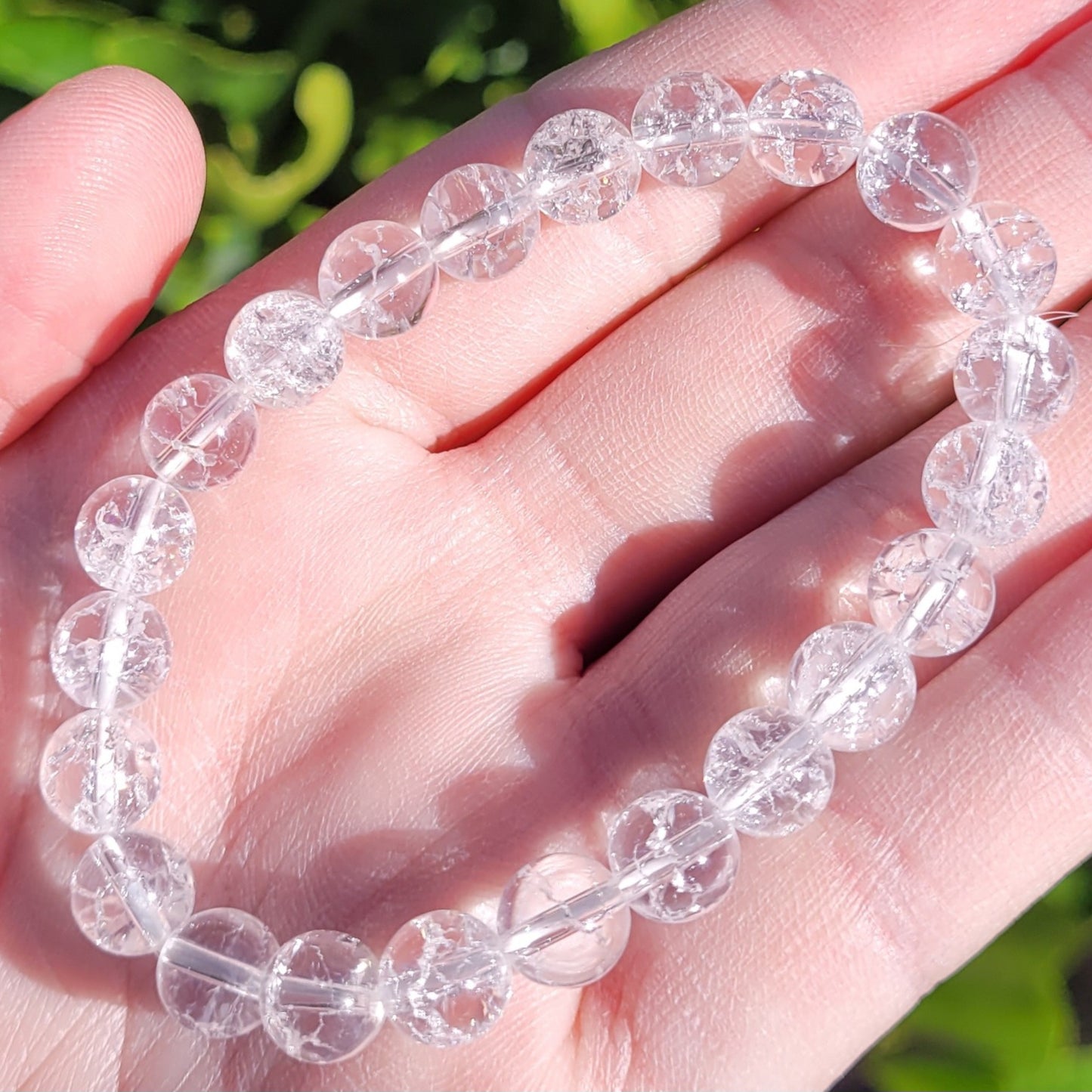 Clear Crackle Quartz Crystal Round Crystal Beaded Stretch Bracelet, 8mm