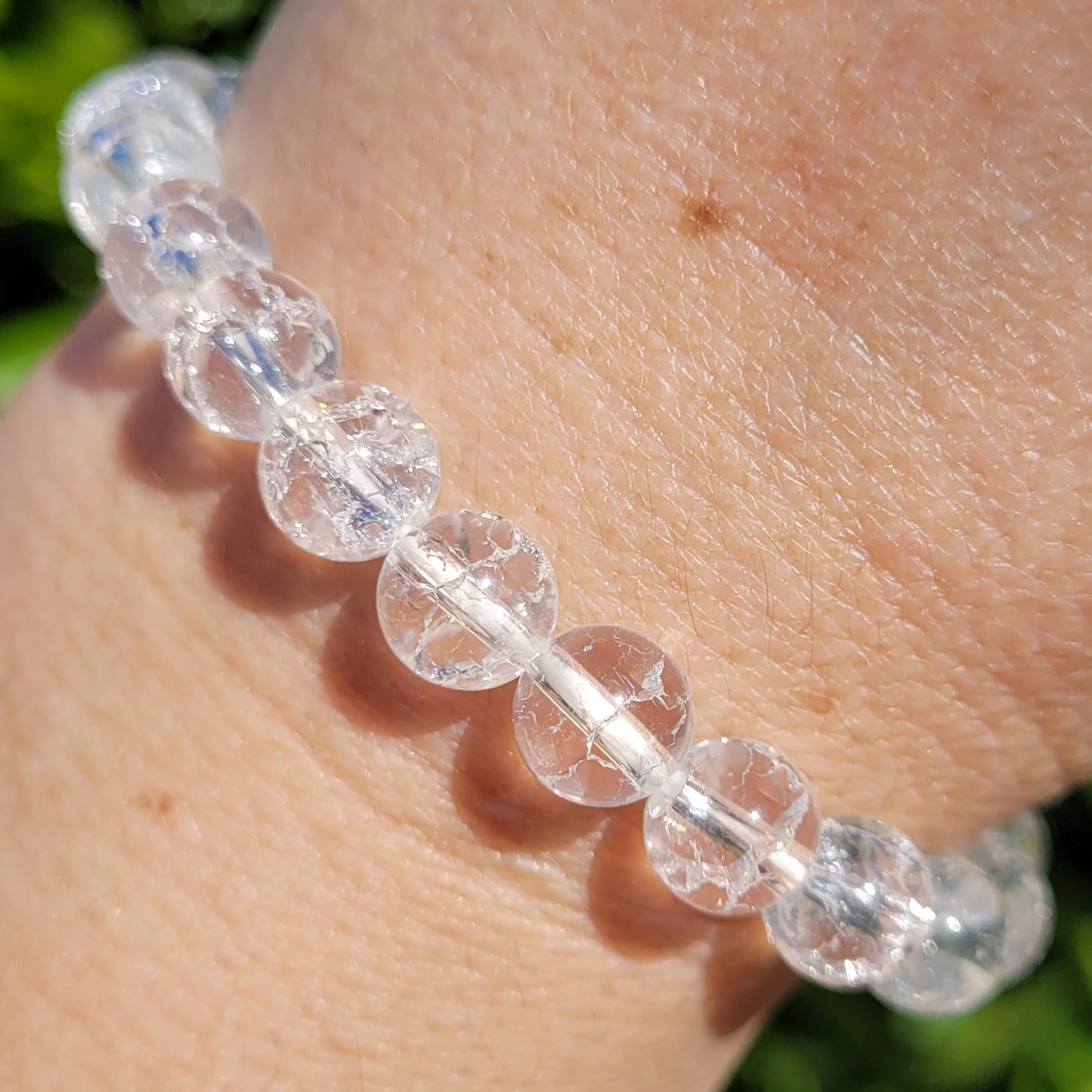 Clear Crackle Quartz Crystal Round Crystal Beaded Stretch Bracelet, 8mm