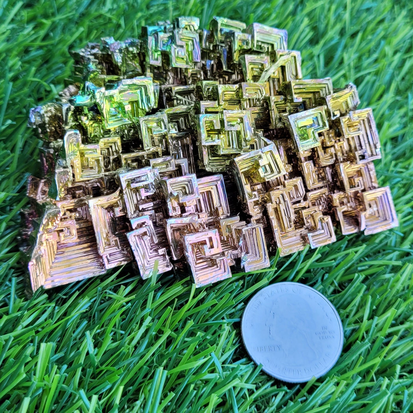 Large Bismuth Crystal, 331 Grams, 3.7" x 3.5" x 1.6", Rose Gold and Green