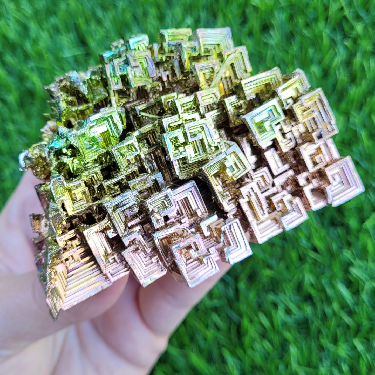 Large Bismuth Crystal, 331 Grams, 3.7" x 3.5" x 1.6", Rose Gold and Green