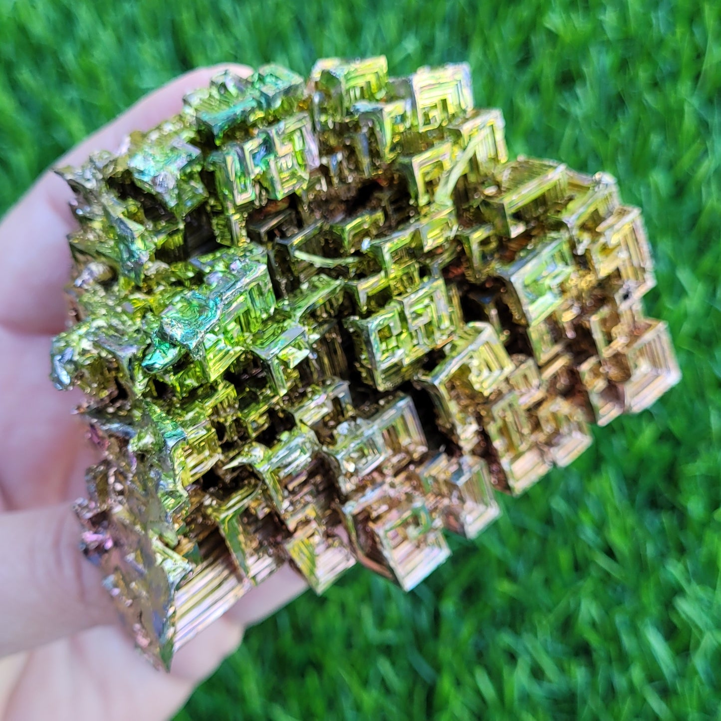 Large Bismuth Crystal, 331 Grams, 3.7" x 3.5" x 1.6", Rose Gold and Green