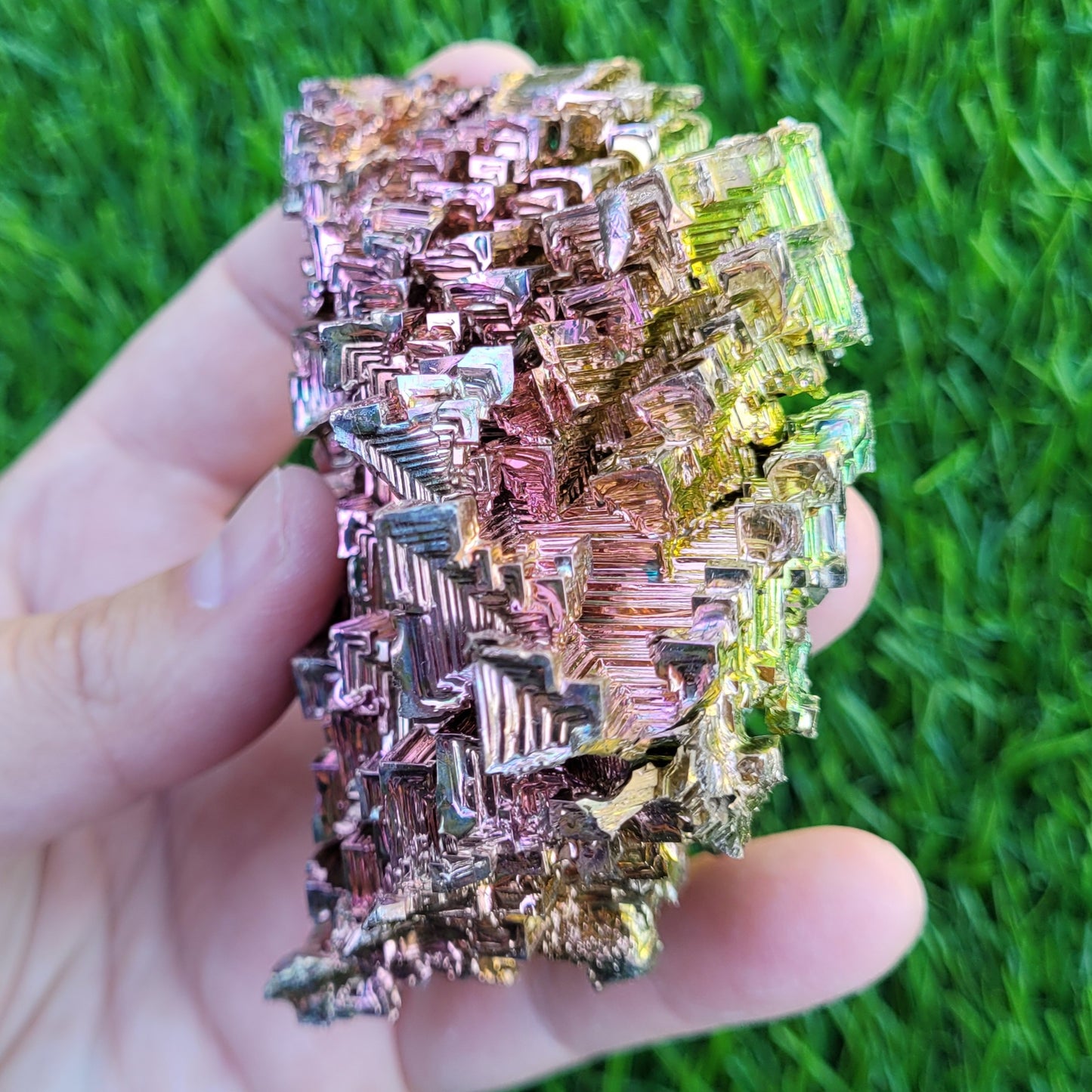 Large Bismuth Crystal, 331 Grams, 3.7" x 3.5" x 1.6", Rose Gold and Green