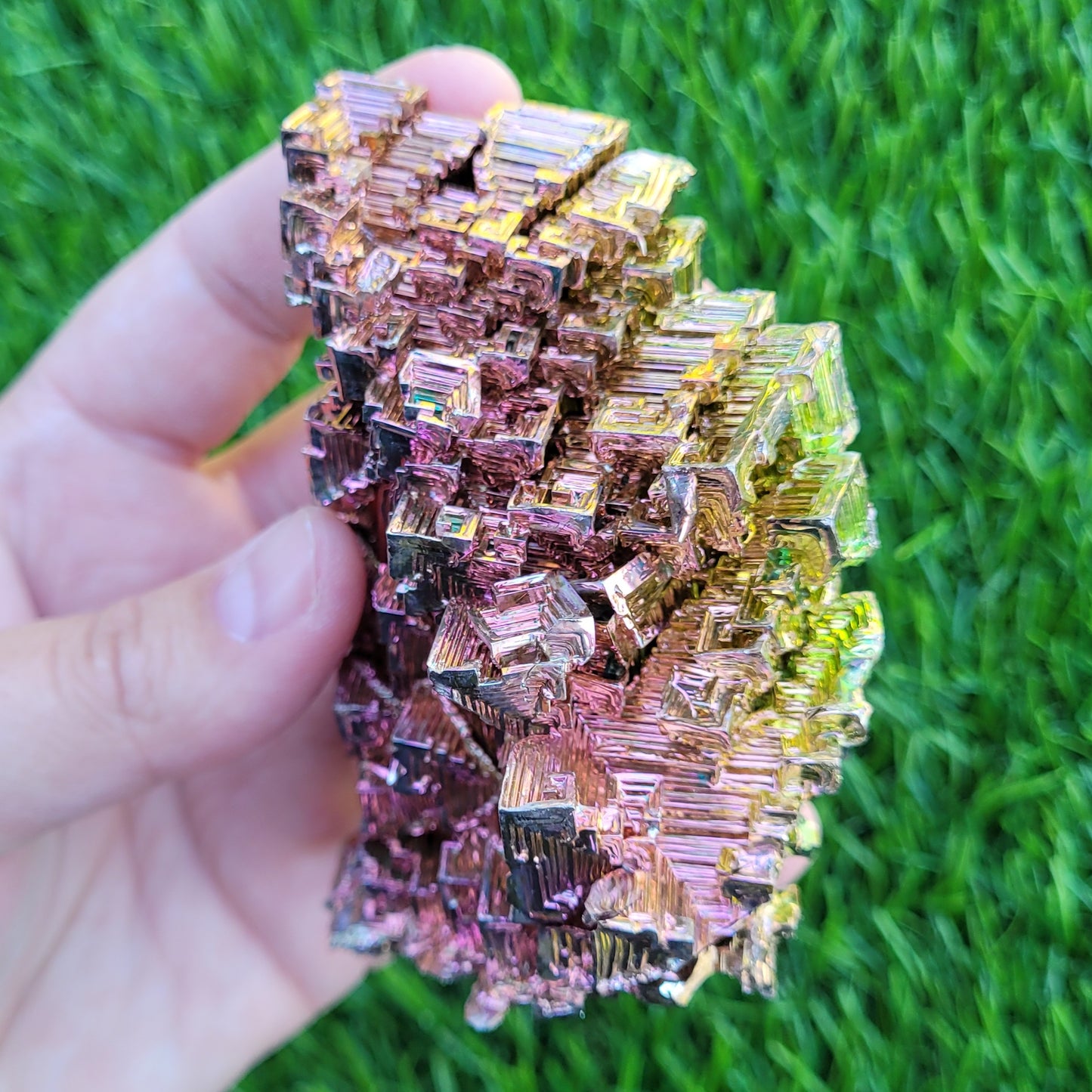 Large Bismuth Crystal, 331g, 3.7" x 3.5" x 1.6", Rose Gold and Green