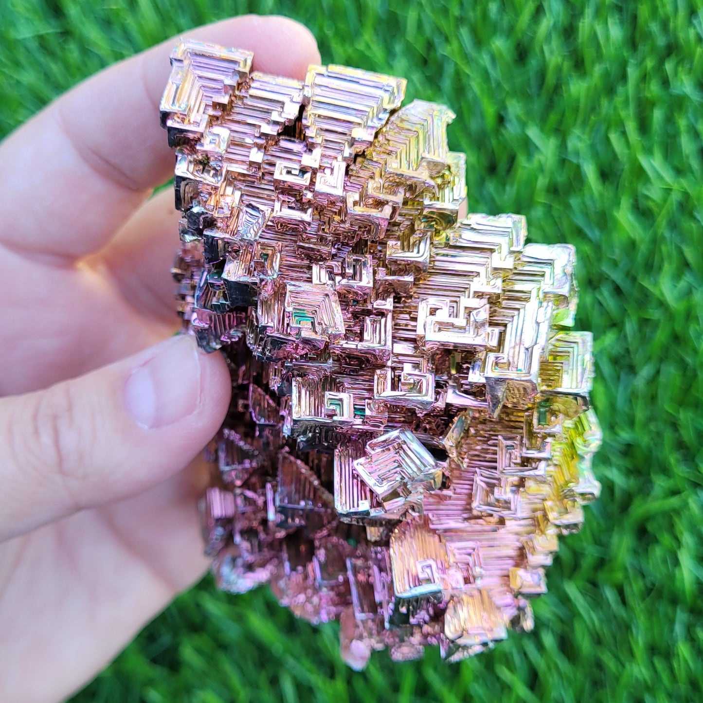 Large Bismuth Crystal, 331 Grams, 3.7" x 3.5" x 1.6", Rose Gold and Green