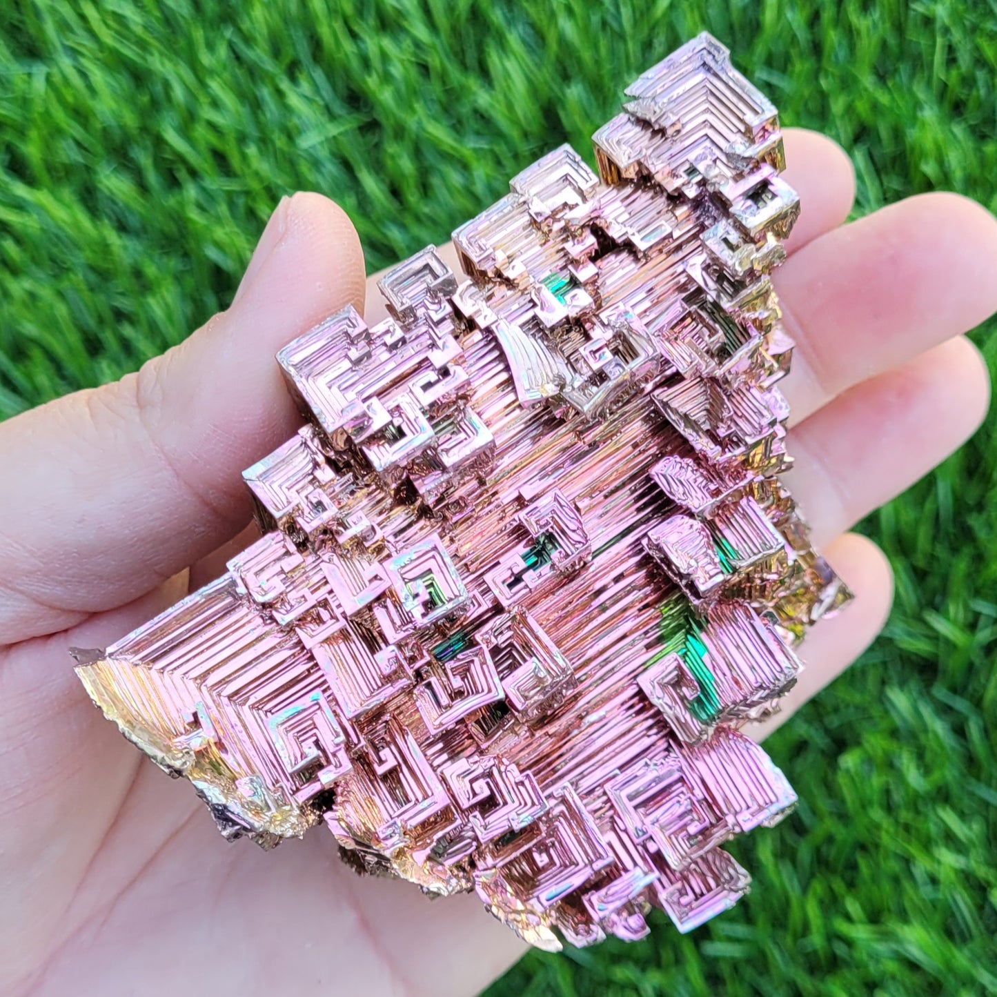 Large Bismuth Crystal, 331g, 3.7" x 3.5" x 1.6", Rose Gold and Green