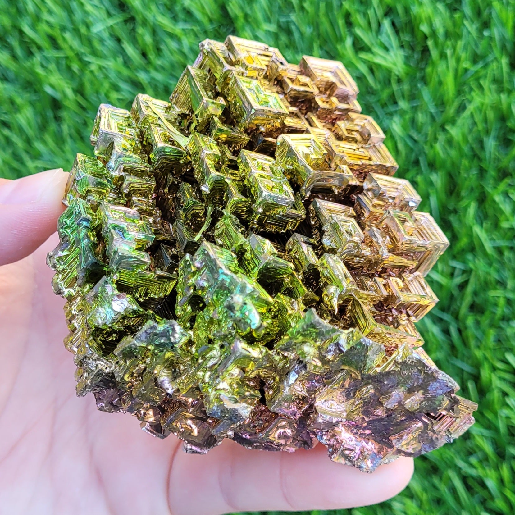 Large Bismuth Crystal, 331g, 3.7" x 3.5" x 1.6", Rose Gold and Green