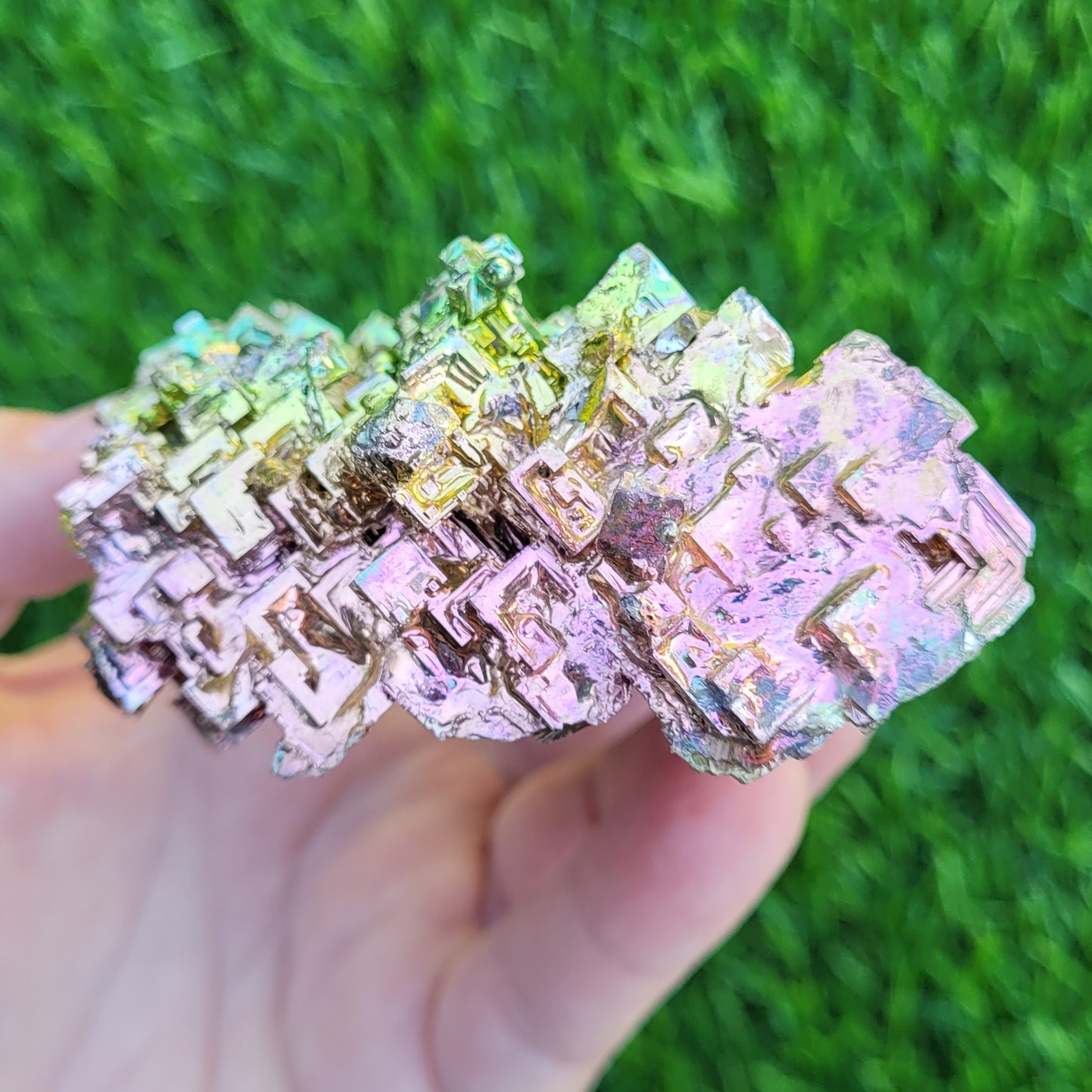 Large Bismuth Crystal, 331g, 3.7" x 3.5" x 1.6", Rose Gold and Green