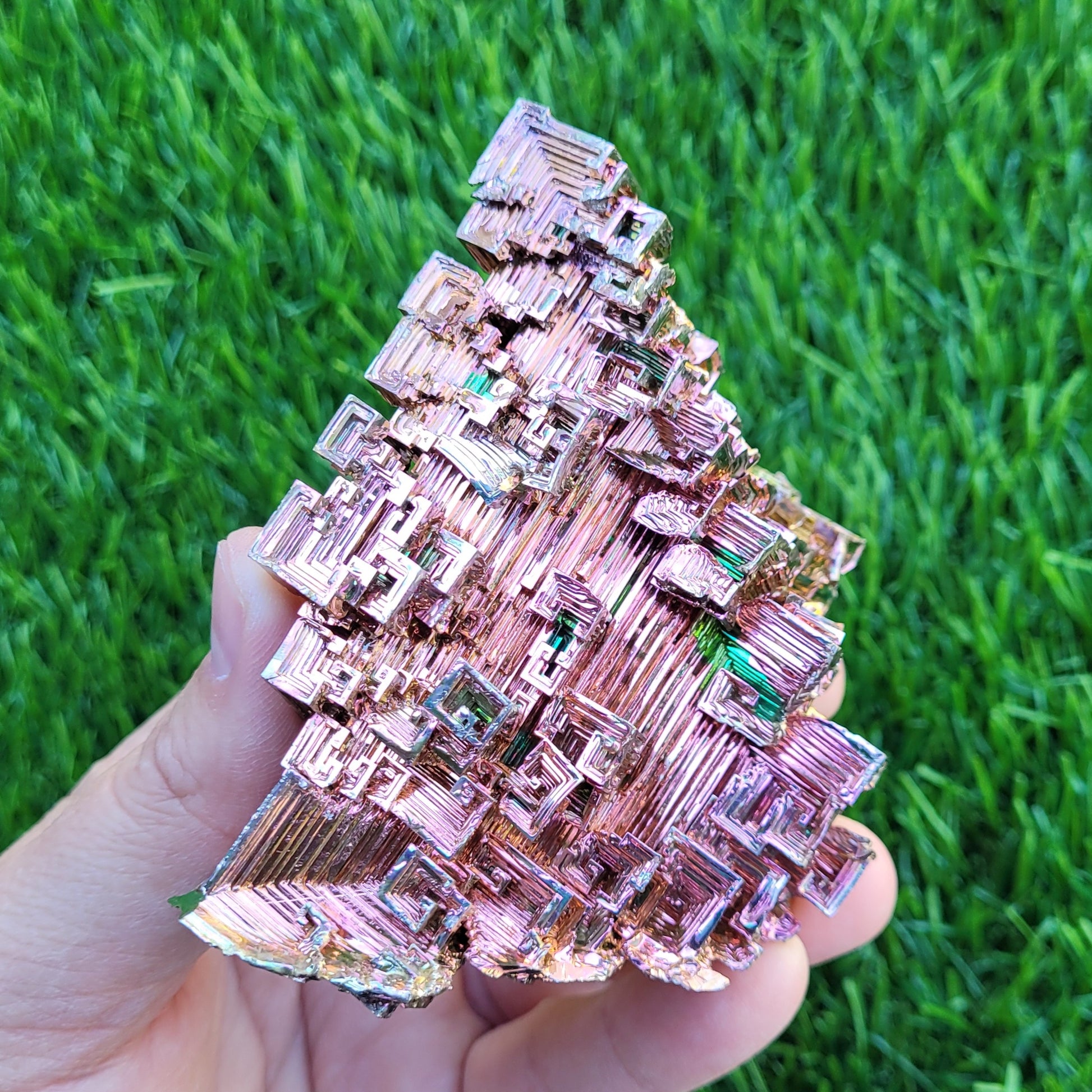 Large Bismuth Crystal, 331g, 3.7" x 3.5" x 1.6", Rose Gold and Green