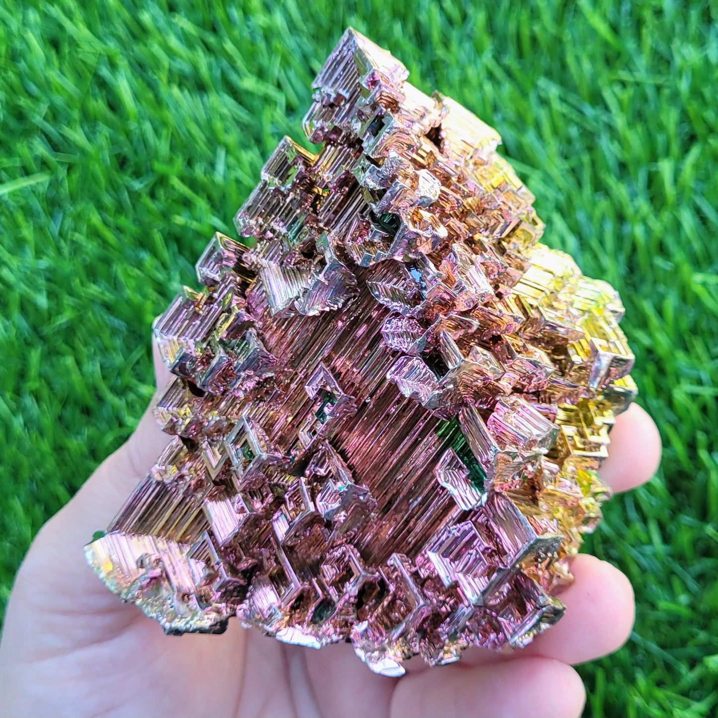 Large Bismuth Crystal, 331 Grams, 3.7" x 3.5" x 1.6", Rose Gold and Green