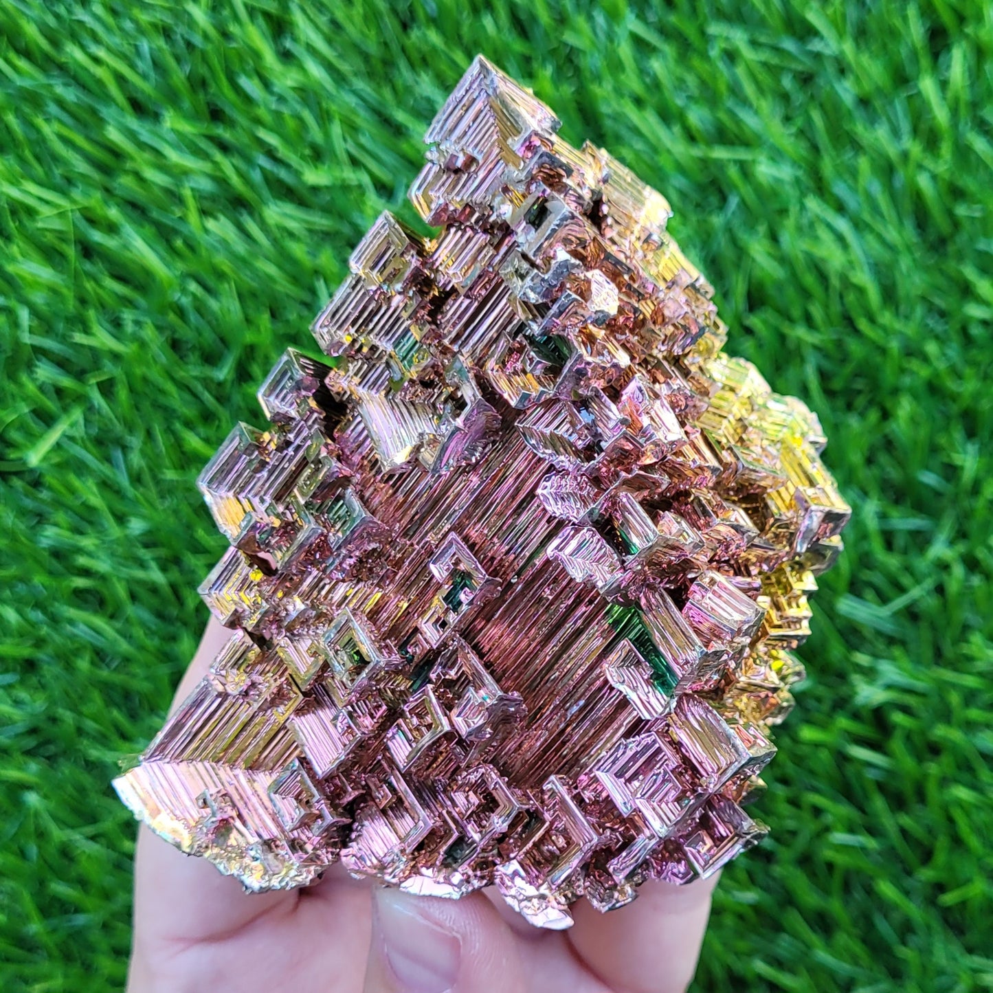 Large Bismuth Crystal, 331 Grams, 3.7" x 3.5" x 1.6", Rose Gold and Green