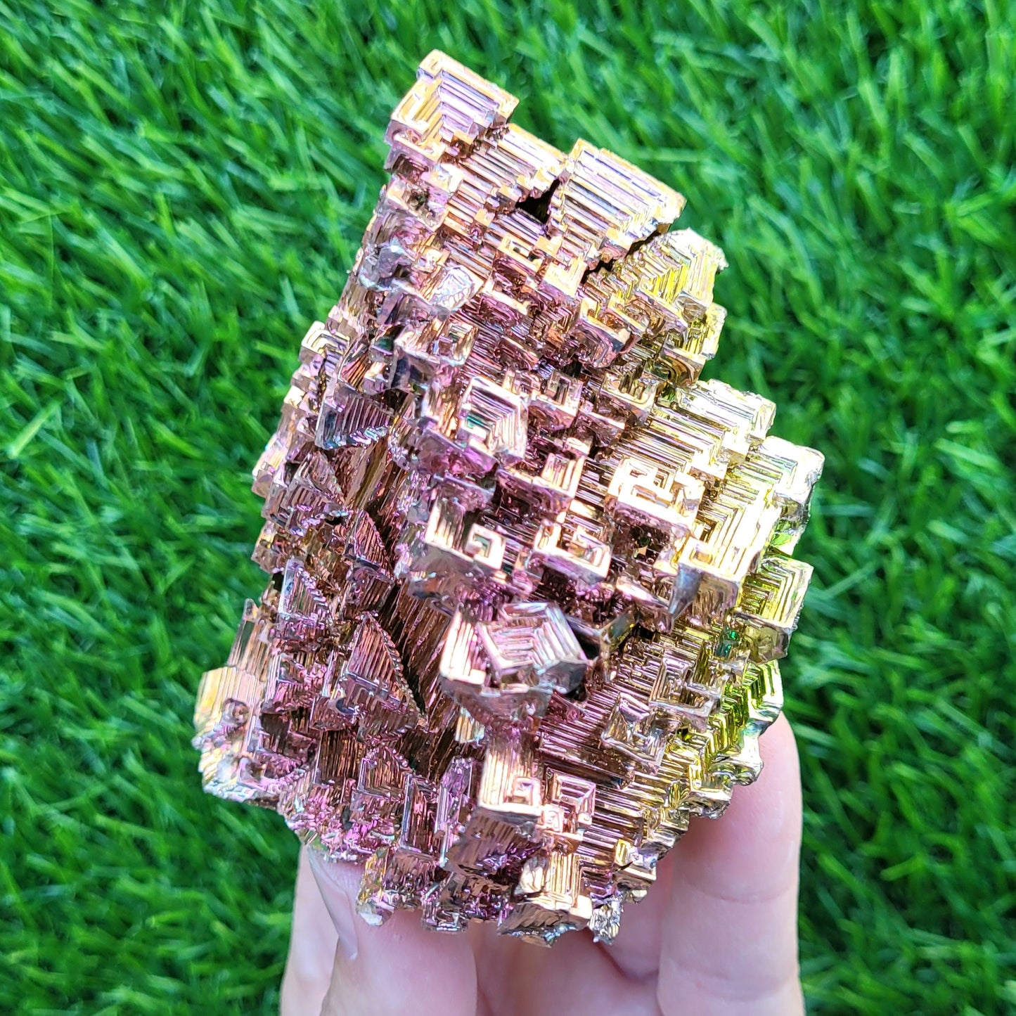 Large Bismuth Crystal, 331 Grams, 3.7" x 3.5" x 1.6", Rose Gold and Green