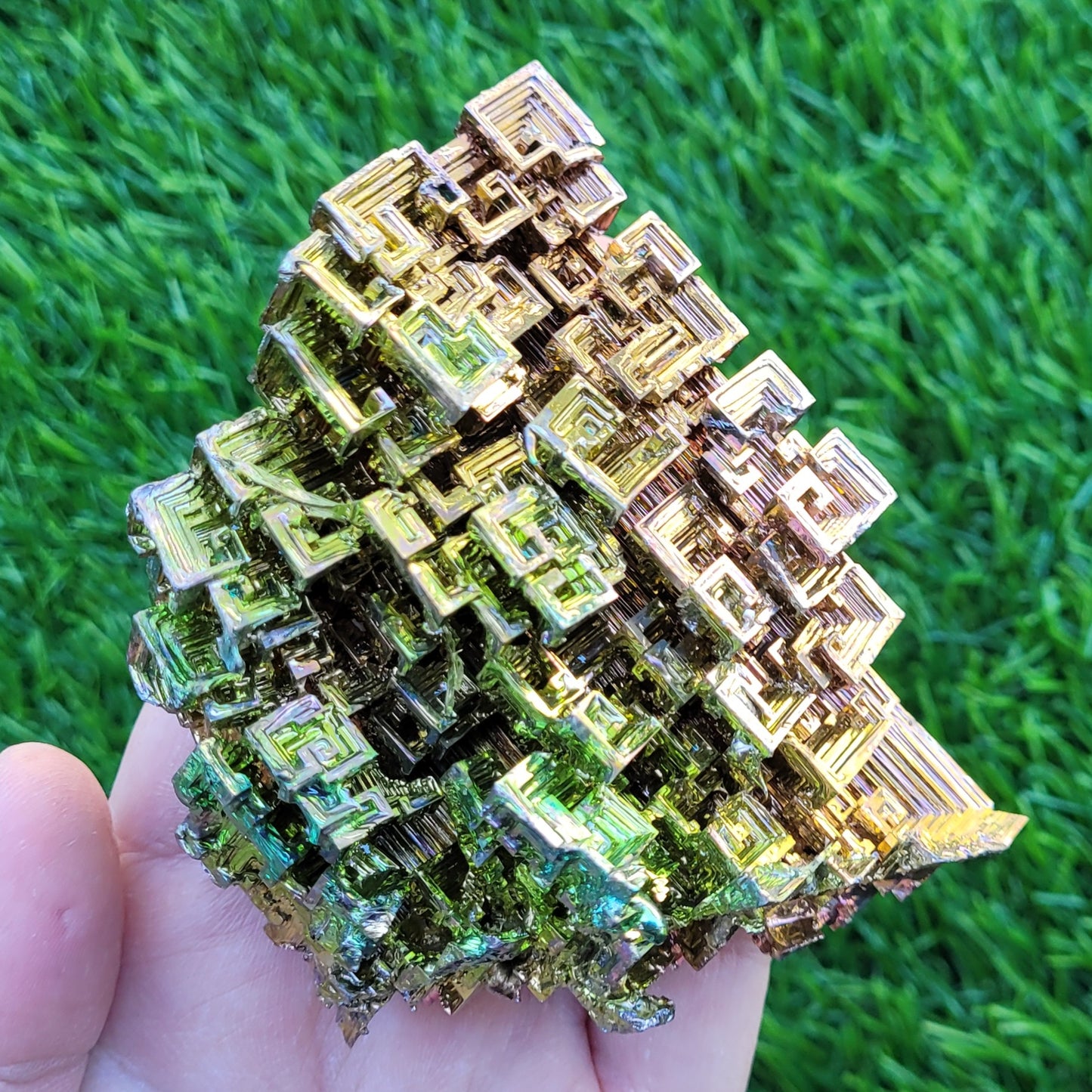 Large Bismuth Crystal, 331 Grams, 3.7" x 3.5" x 1.6", Rose Gold and Green