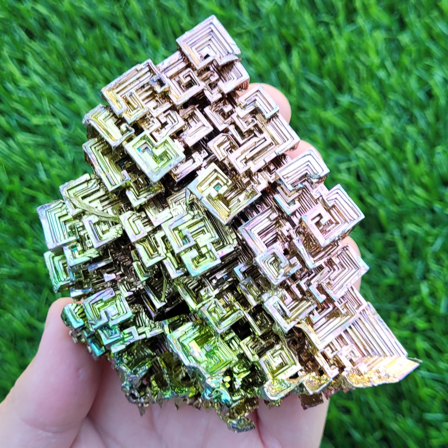 Large Bismuth Crystal, 331g, 3.7" x 3.5" x 1.6", Rose Gold and Green