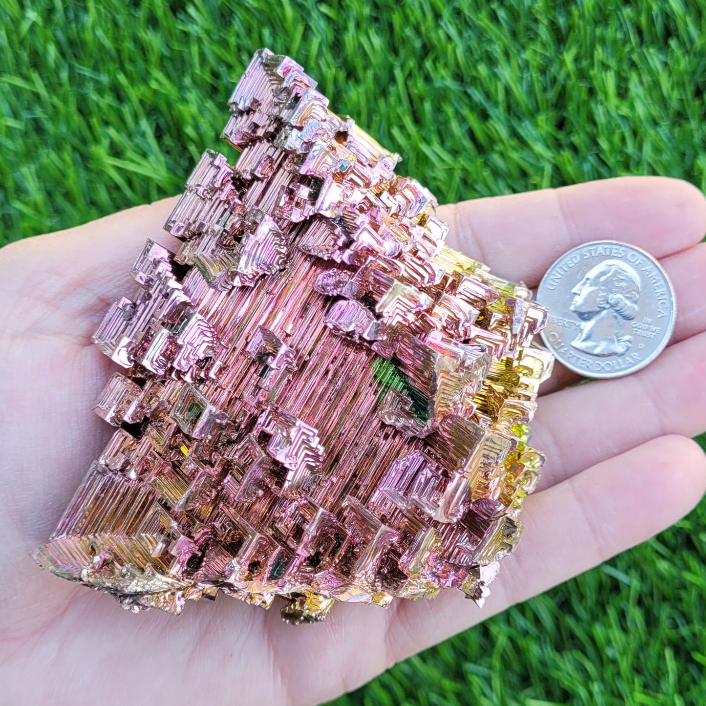 Large Bismuth Crystal, 331g, 3.7" x 3.5" x 1.6", Rose Gold and Green