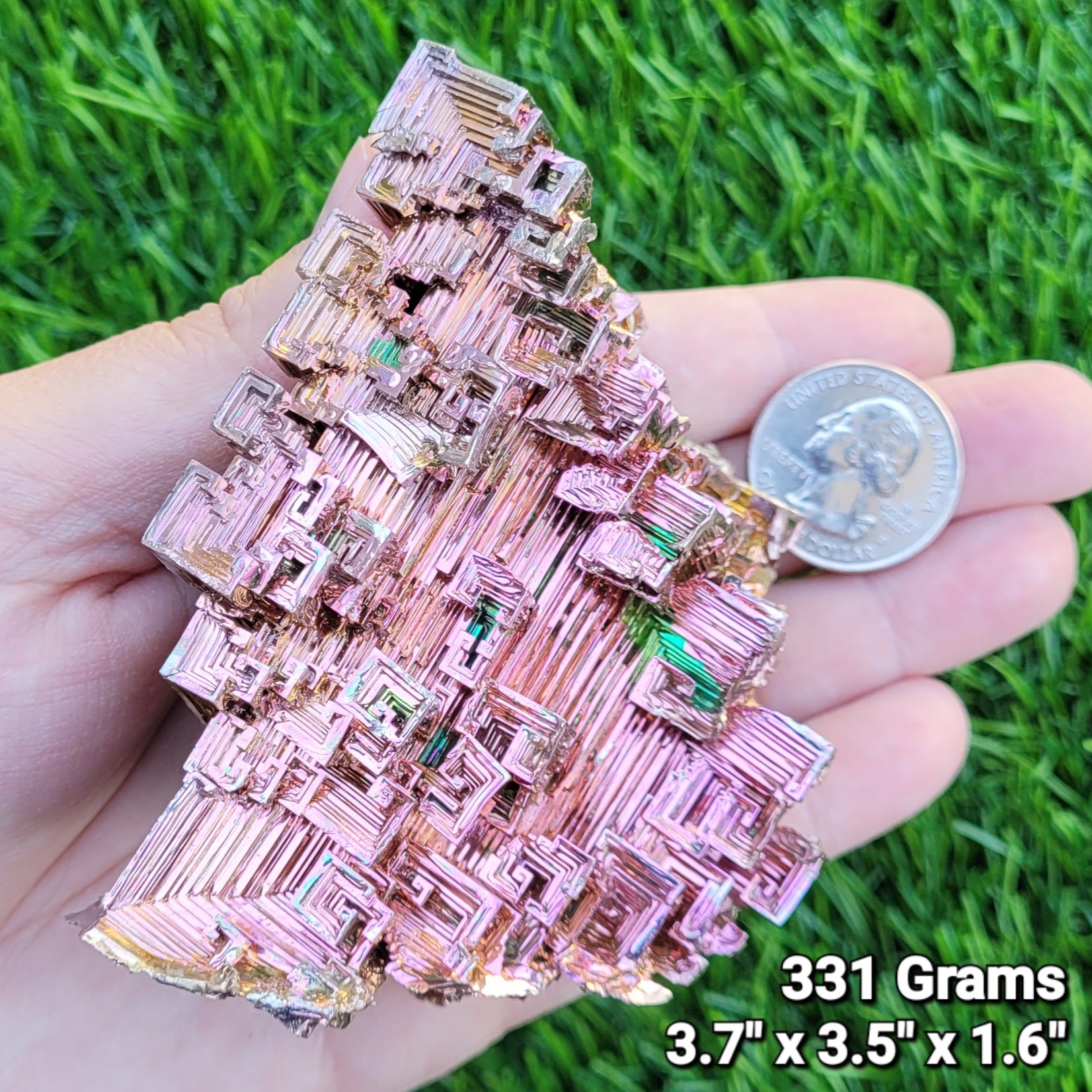 Large Bismuth Crystal, 331g, 3.7" x 3.5" x 1.6", Rose Gold and Green