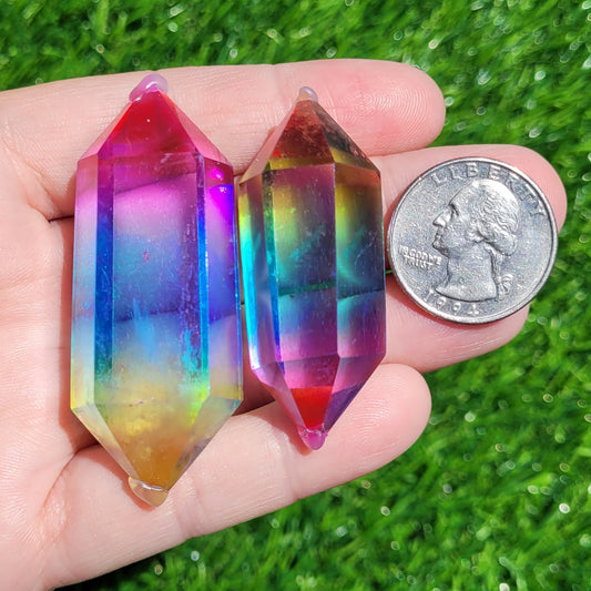 Rainbow Angel Aura Coated Clear Quartz Double Point Crystal