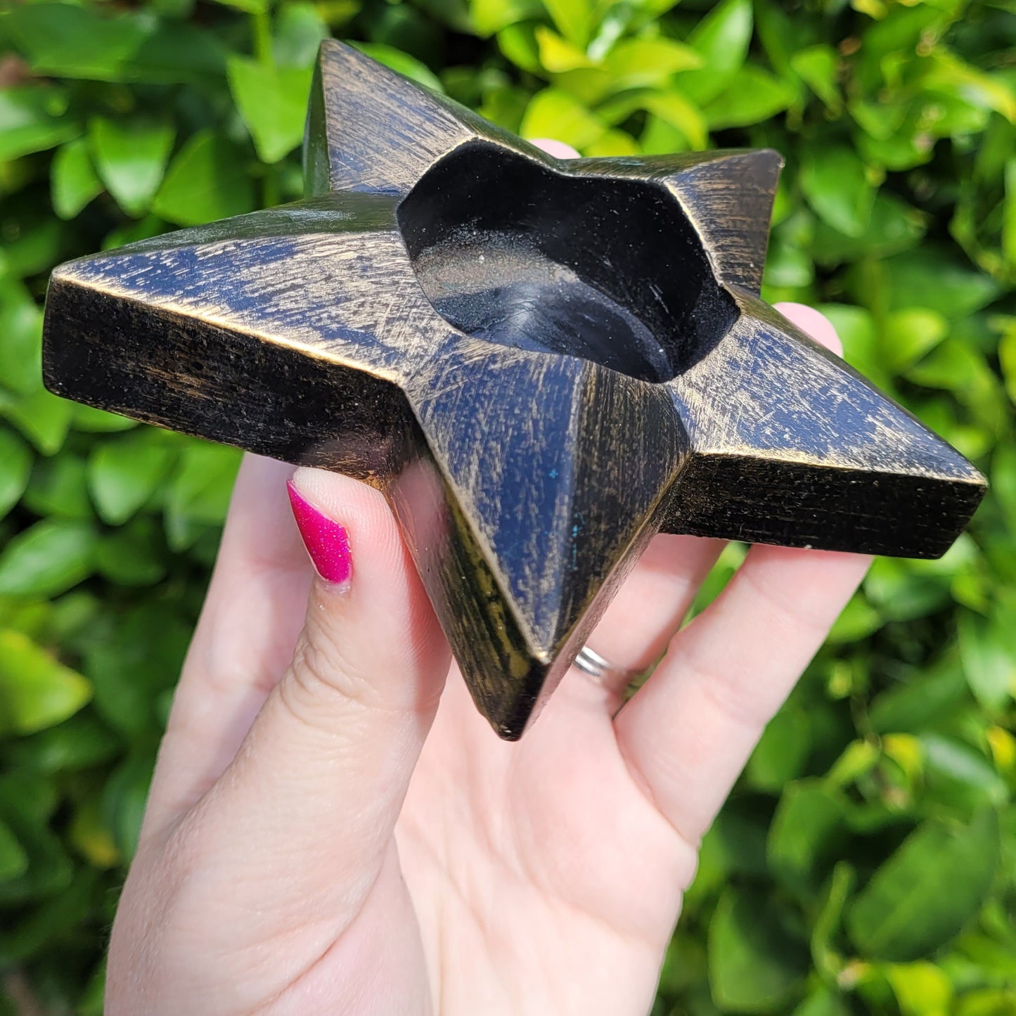Wood Star Shaped Sphere Display Stand, in Black and Bronze, for Crystal Balls 2" to 3.5" (50mm to 90mm)