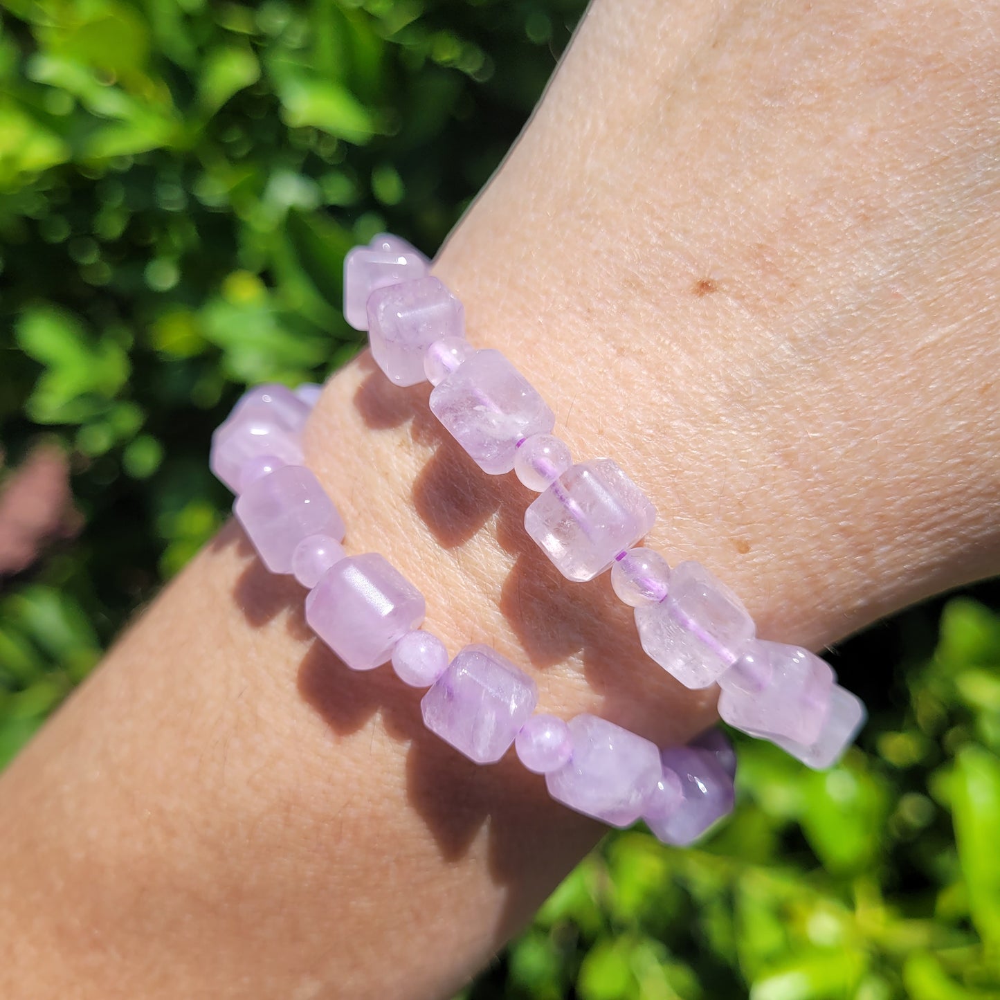 Purple Lavendar Amethyst Square and Round Crystal Beaded Stretch Bracelet, 8mm