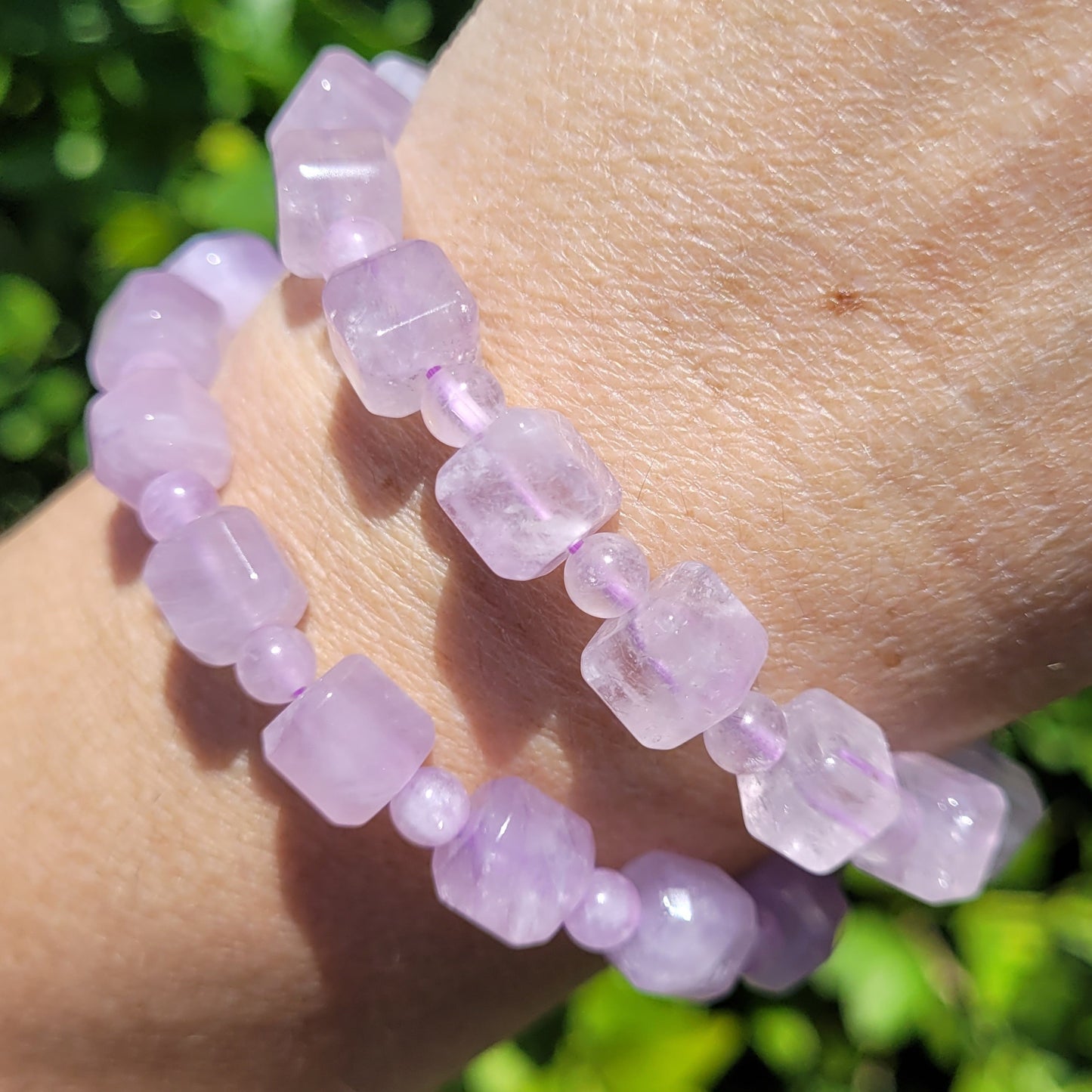 Lavendar Amethyst Square and Round Crystal Beaded Stretch Bracelet, 8mm