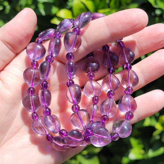 Amethyst Heart and Round Crystal Beaded Stretch Bracelet, 12.5mm and 5mm